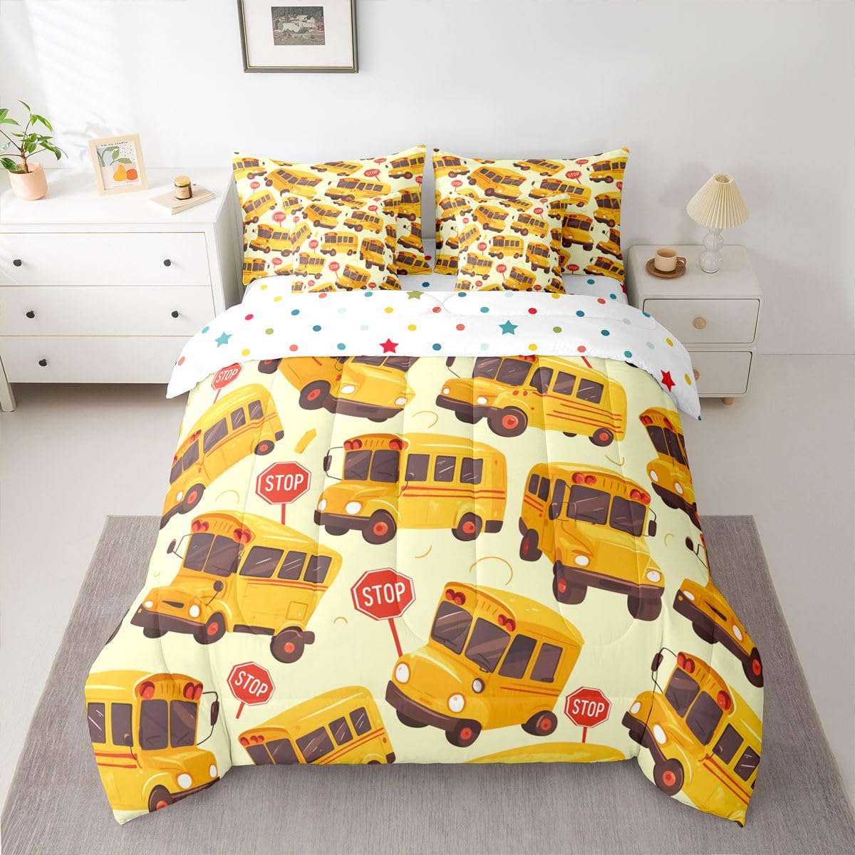 Erosebridal School Bus Twin 7 Pieces Bedding Set for Kids, Cartoon Truck Bed in A Bag for Boys Girls Teens Youth Bedroom Decor, School Theme Comforter Set with Sheets, Yellow Vehicle Bed Sets