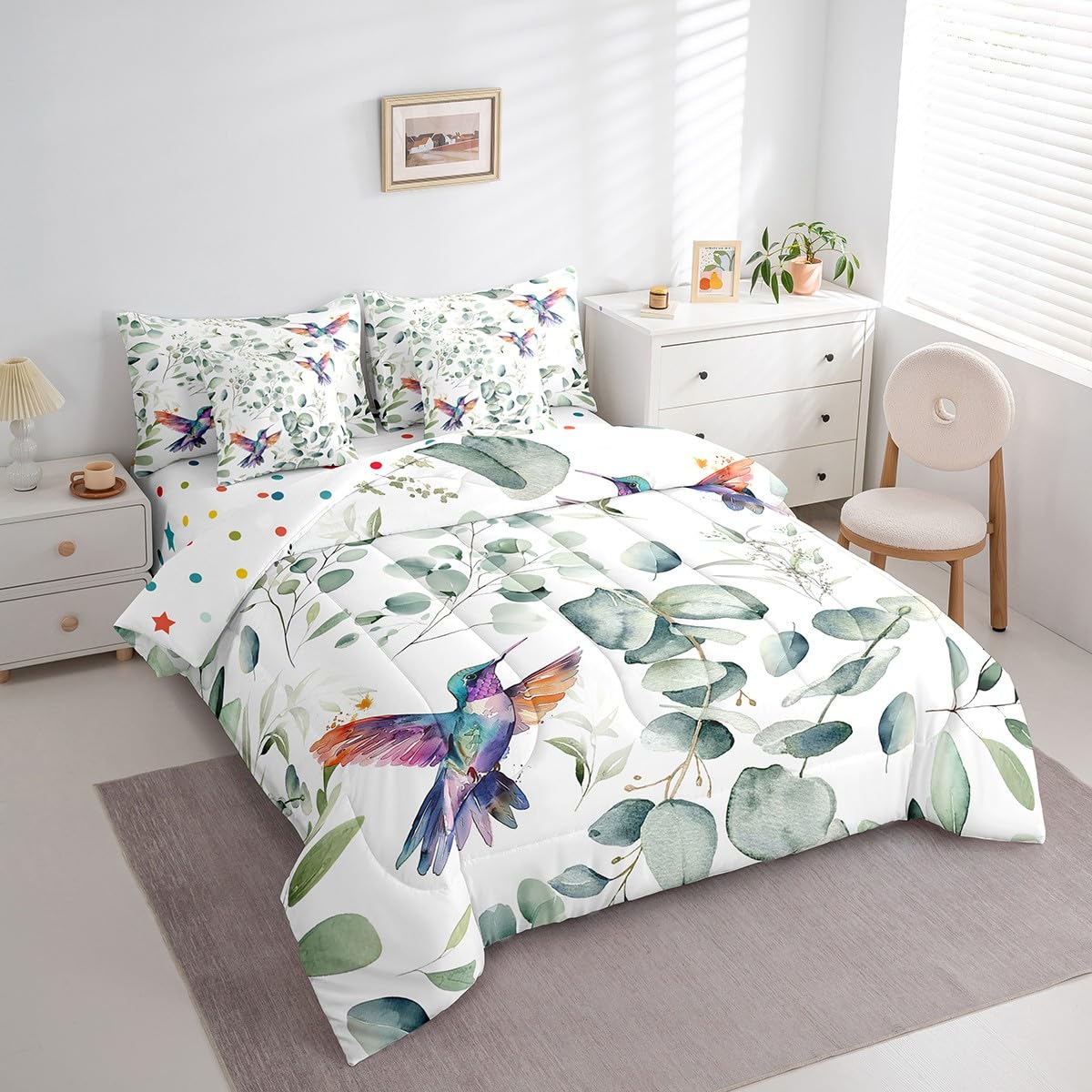 Erosebridal Cartoon Hummingbird Bedding Comforter Sets 7pcs Wildlife Bird Bed in a Bag, Spring Plant King Bedding Sets Eucalyptus Leaf Comforter Set, Jungle Animal Theme Bedding Sets Kids Room Decor
