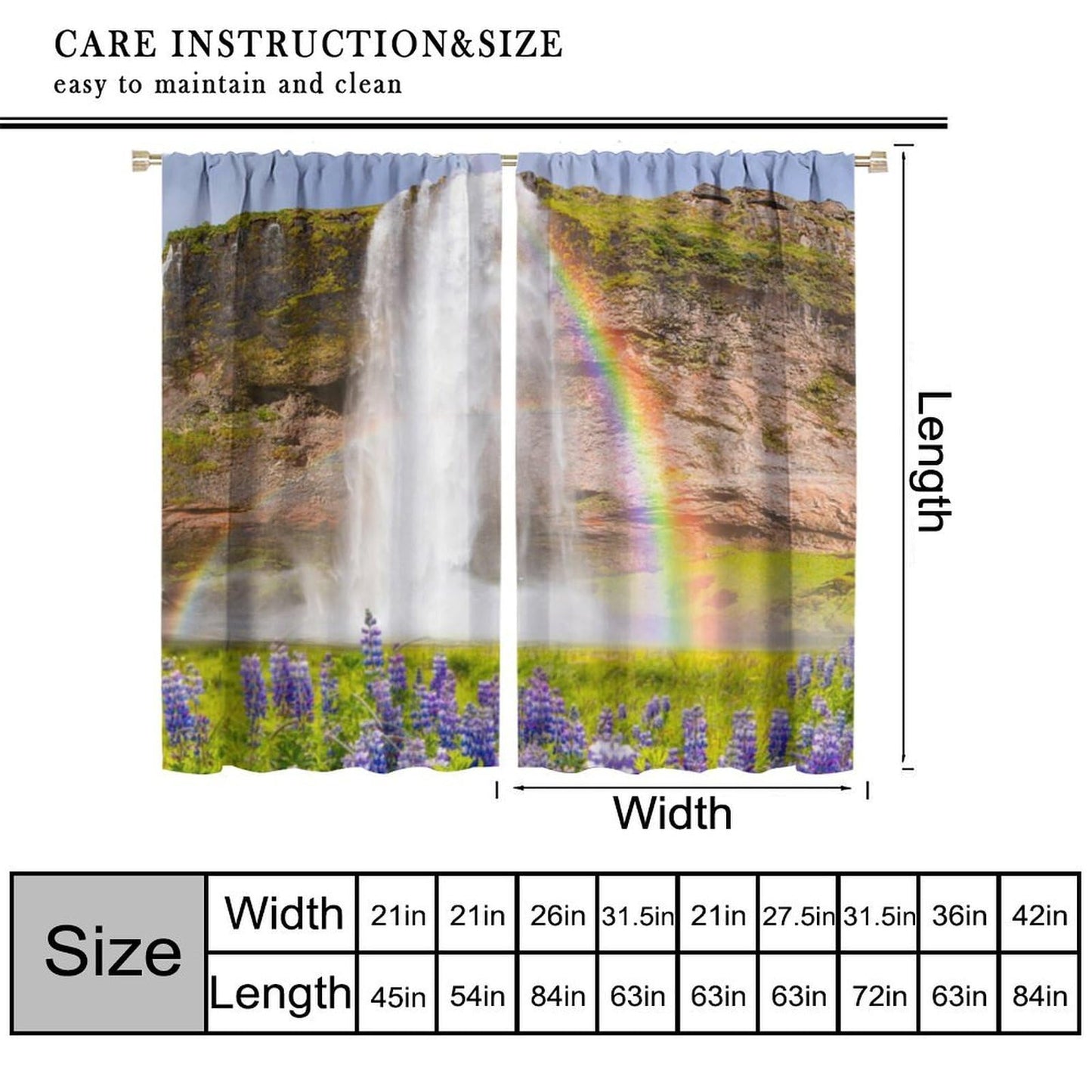 Rainbow Waterfall Curtain, Purple Wild Flower Green Plants Natural Scenery Landscape Print Decor Rod Pocket Window Drapes, for Bedroom Living Room 42" W X 45" L