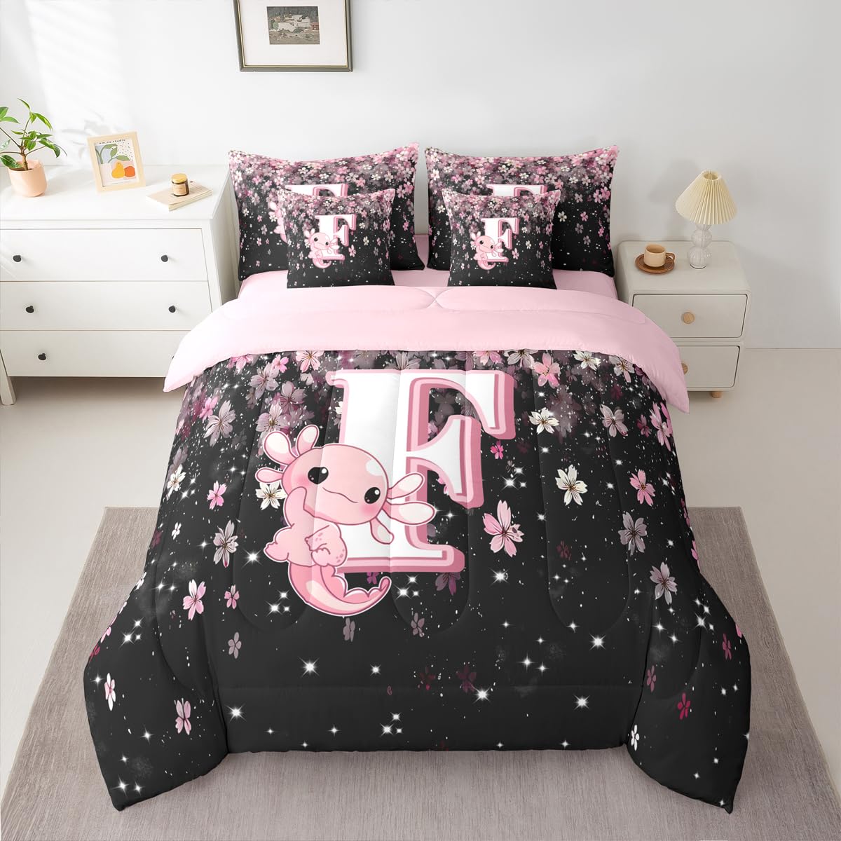 Erosebridal Pink Axolotl Bedding Set for Teen Girl (Pink Black,7Pcs,Twin Size) - Cute Initial Letter F Bed in A Bag Cherry Blossom Comforter Set Girly Preppy Cute Axolotl Quilt with Initial Design