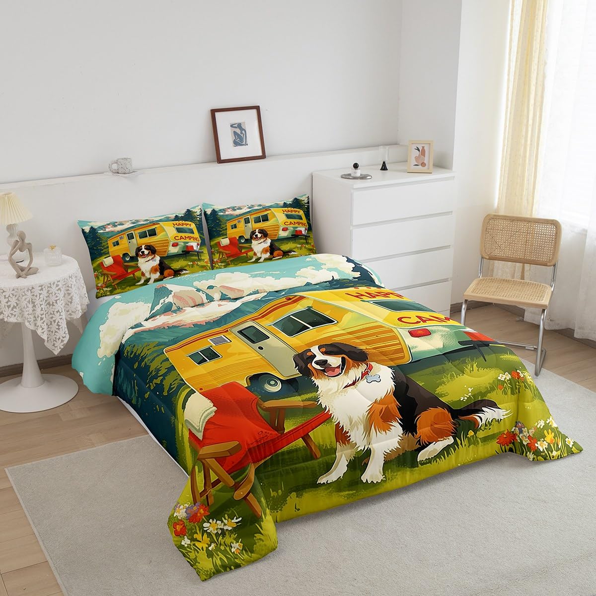 Erosebridal Camping Comforter Set for Kids Boys Girls Camper Rv Accessories Bedding Happy Camping Duvet Set Rustic Cabin Decor Comforter King with 2 Pillowcases