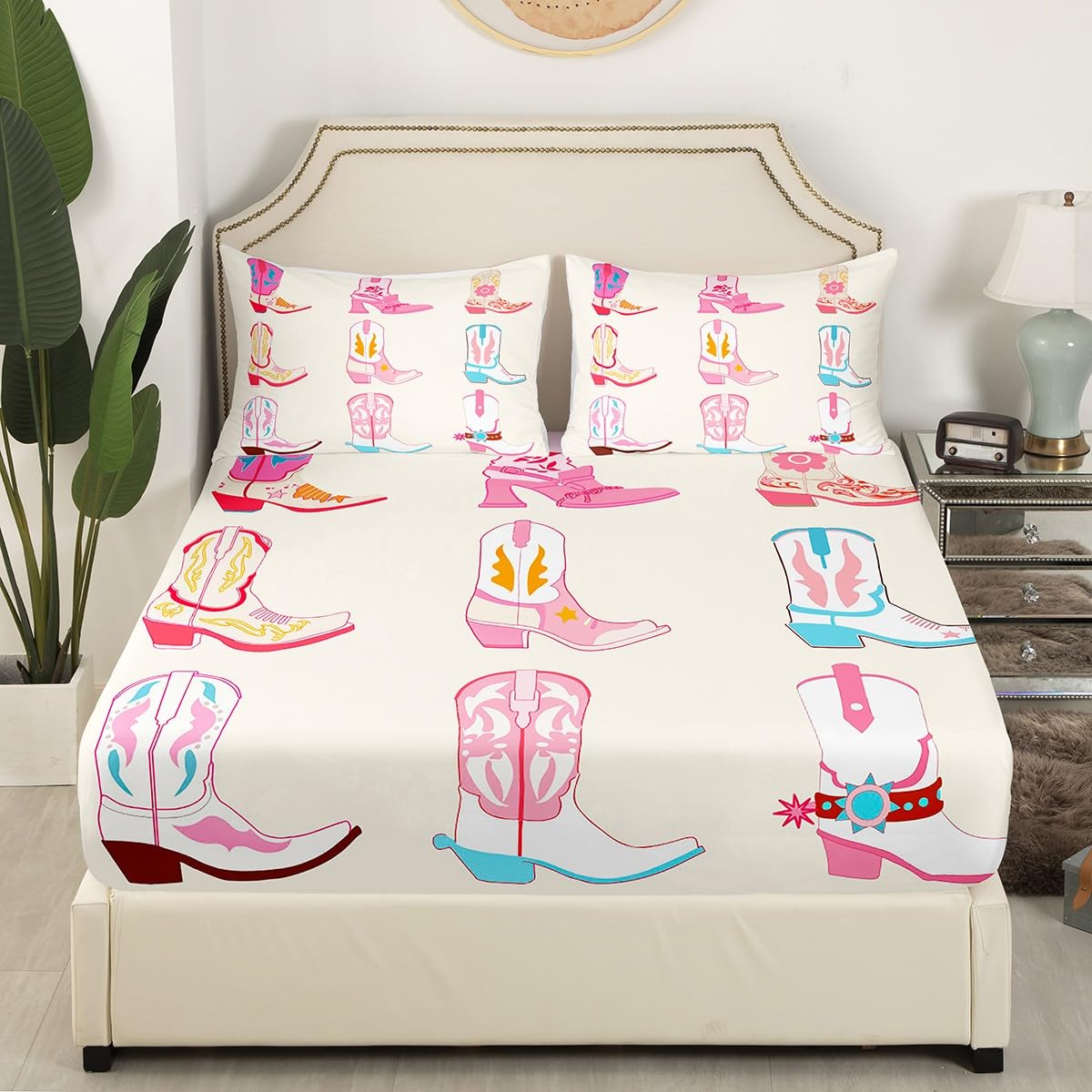 Feelyou Pink Howday Sheet Set Boys Girls Weatern Decor Sheets with Deep Pocket Fitted Sheet Queen Size Farmhouse Cowboy Riding Boots Bed Sheets Set Wild Western Cowboy Bedding Set Pink Bed Set 4Pcs
