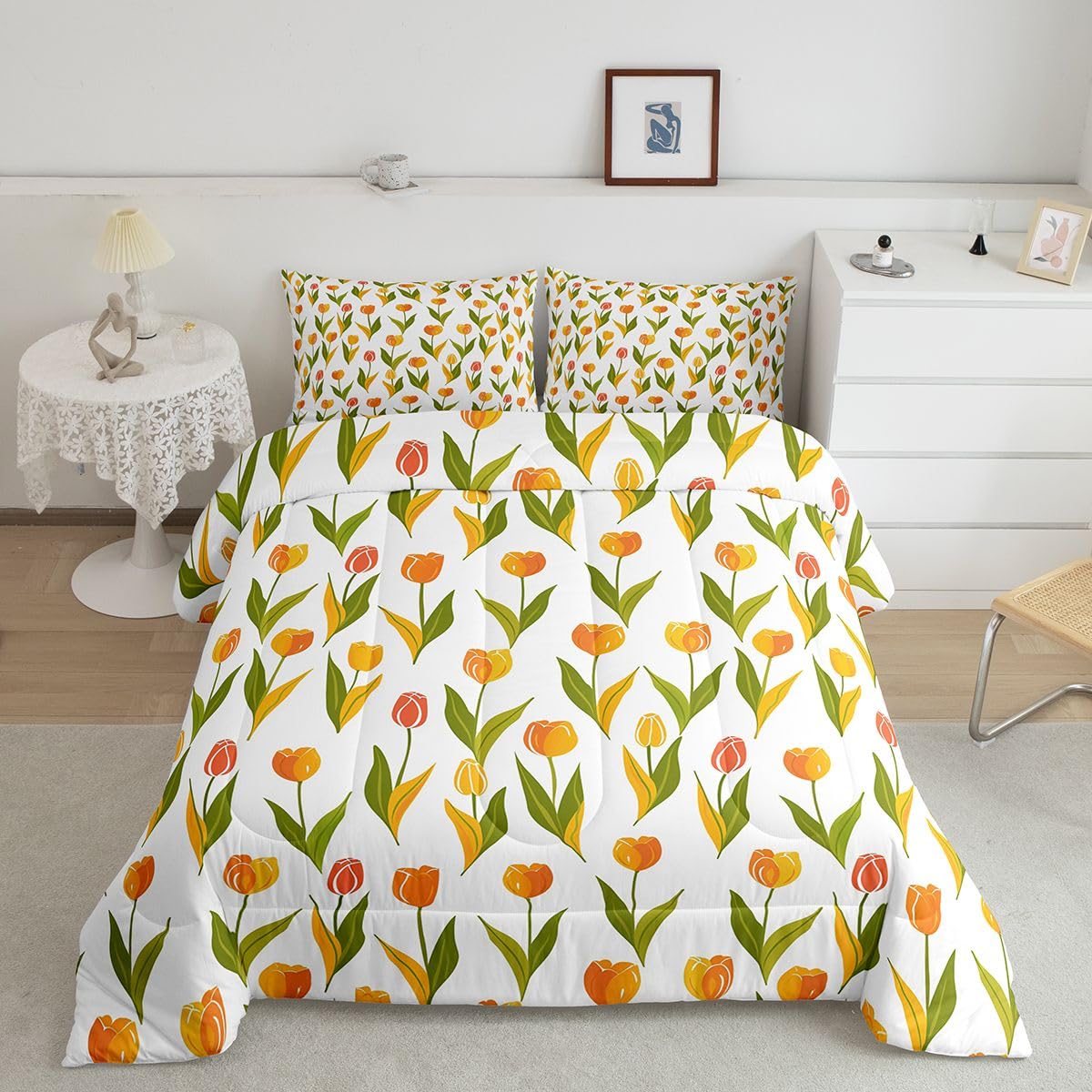 Feelyou Tulip Comforter Set Queen Size Cute Floral Bedding Set for Kids Boys Girls Cartoon Flower Duvet Quilt Plant Bedroom Decor Microfiber 3 Pcs with 2 Pillow Cases