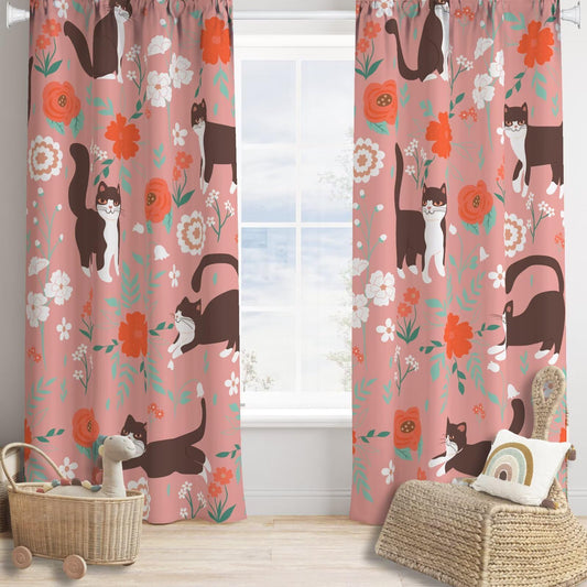 JADERYS Cat Blackout Curtains Cartoon Cute Pet Animal Red White Flowers Kids Girls Women Bedroom Living Room Bathroom Blackout Rod Pocket Decoration Window Drapes 2 Panels W21xL45in