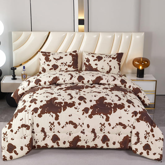 PERFEMET 3 Pieces Cow Print Queen Comforter Set, Brown and Beige Teens Boys Girls Bedding Set, Farmhouse Western Comforter Set for Queen Size Bed (Beige,Queen)