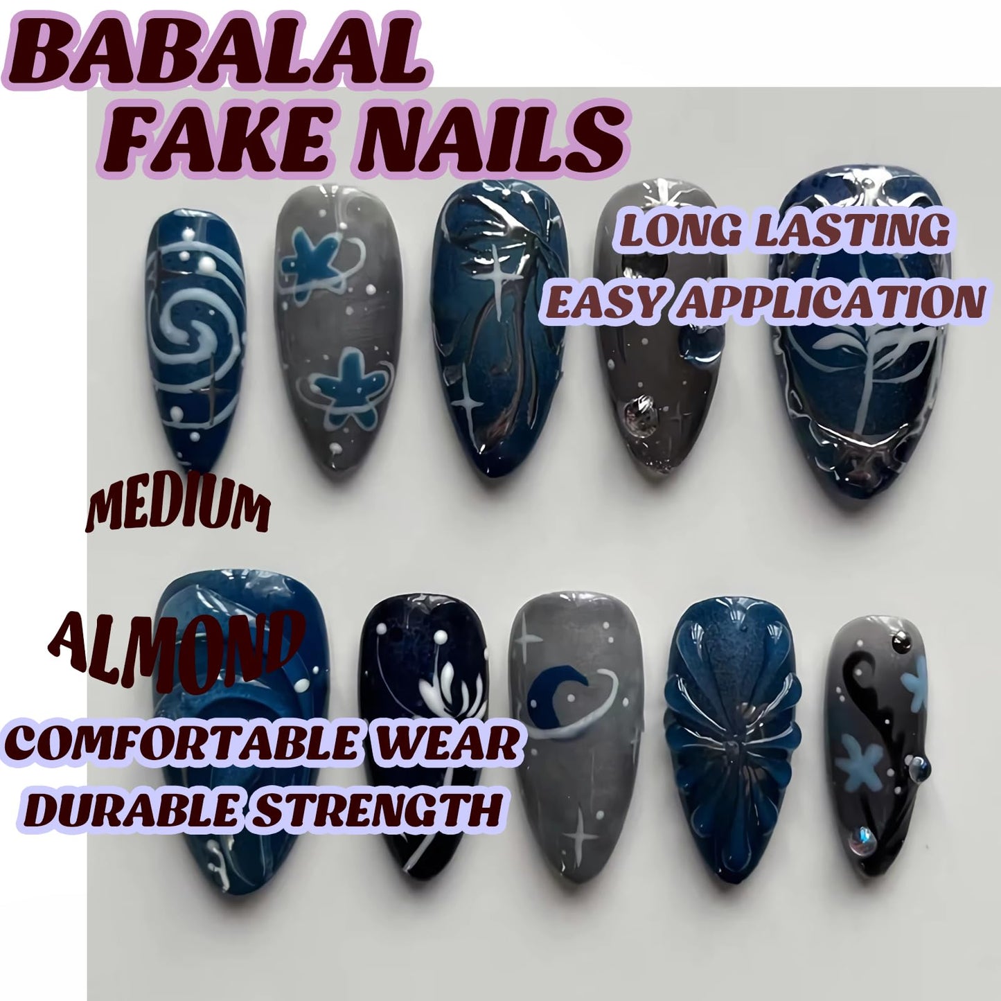 BABALAL Press on Nails Medium Almond Fake Nails Blue Goth Glue ons Silver Chrome Y2k Bow Swirl Design 3D Texture Handmade Supplies Art 24Pcs Glossy Gothic Acrylic Gel False Nails