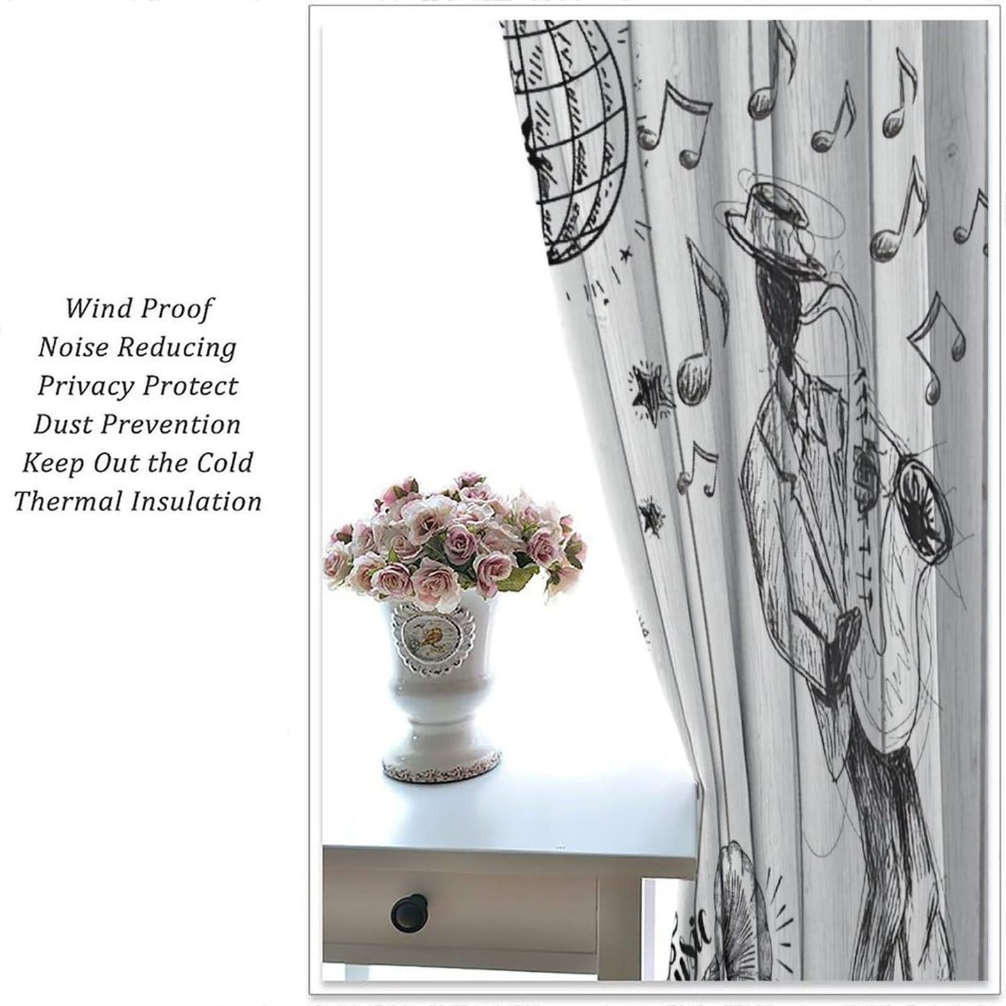 PHTAYOT Retro Music Curtains Sketch Style of a Jazz Band Playing Music with Instruments and Musical Notes Pattern Decor Drapes for Bedroom Living Room,2 Panels Set,21x45Inch