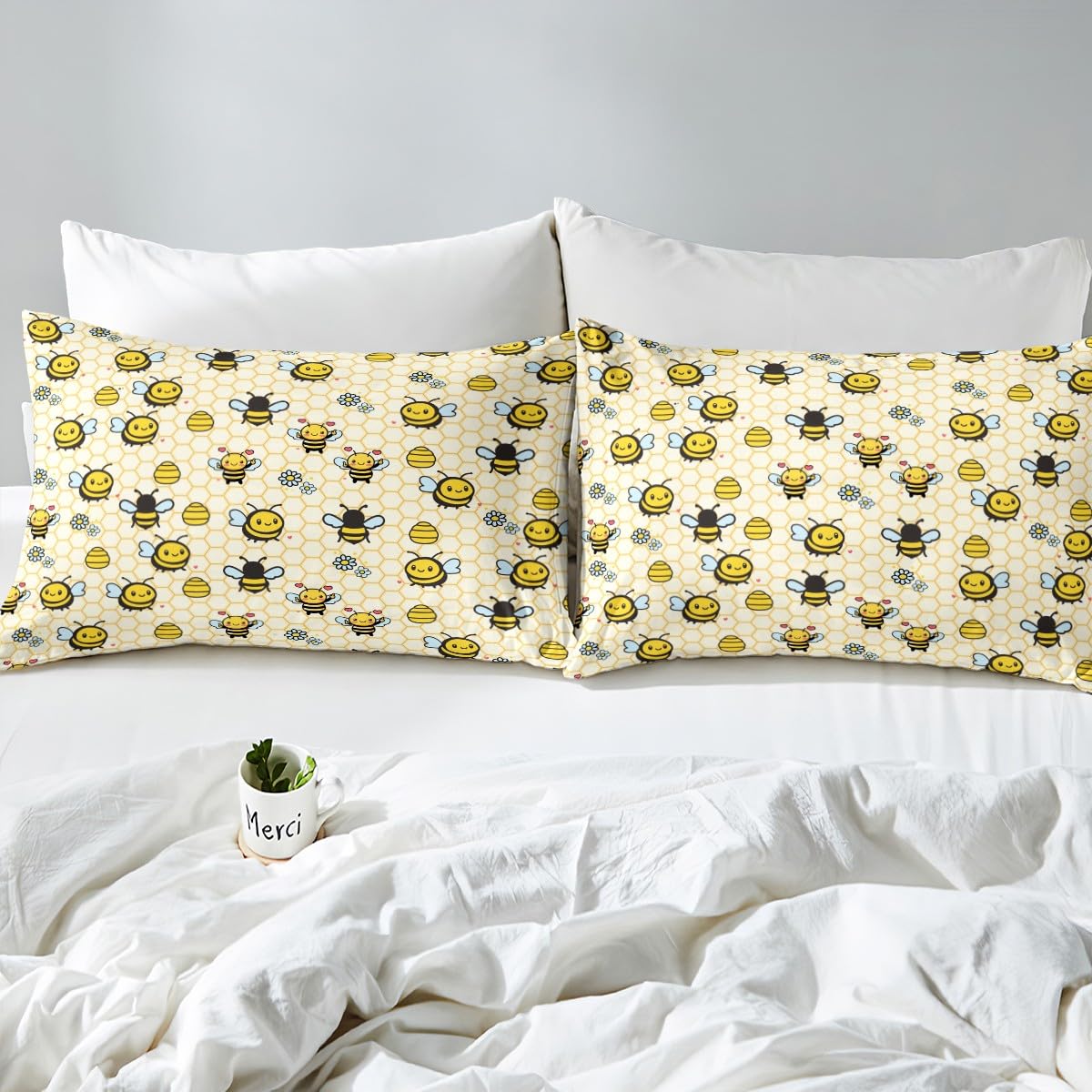 Cute Bees Sheet Set Full Size,Cartoon Bee Daisy Bed Sheets for Kids Boys Girls Child,Farmhouse Flowers Bedding Set,Geometric Honeycomb Fitted Sheet + Flat Sheet + 2 Pillowcases Bedroom Decor