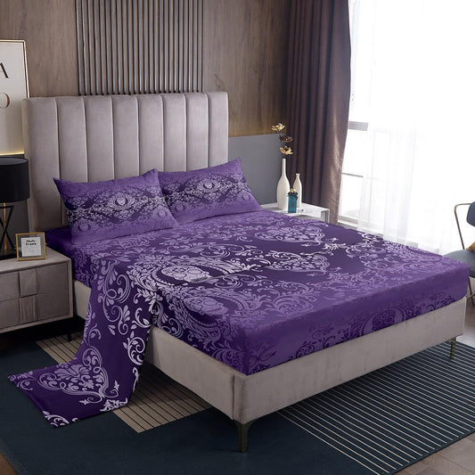 Feelyou Adults Purple Vintage Damask Floral Sheet Set Oriental Antique Sheets with Deep Pocket Fitted Sheet Full Size Gothic Bohemia Boho Bed Sheets Set Exotic Sugar Skull Bedding Set Bed Set 4Pcs