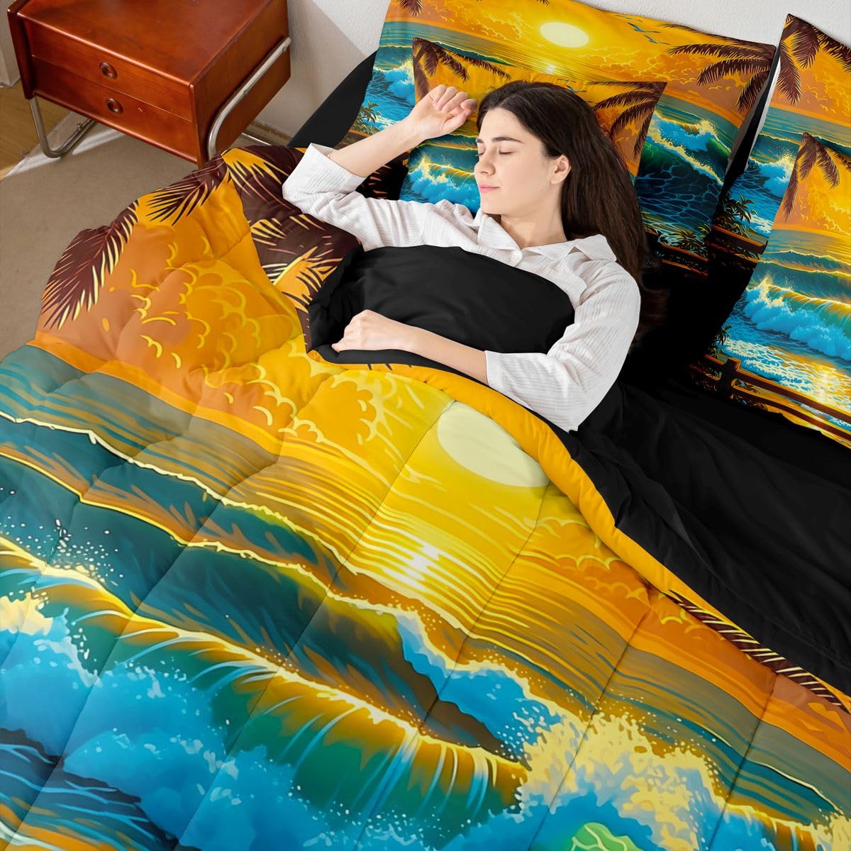 Erosebridal Tropical Sunset Queen Bedding Set Summer Palm Tree Comforter Set Kids Teens Adults Vibrant Sunlight Ocean Wave 7-Piece Bed in a Bag Seagull Beach Travel Quilt Sets