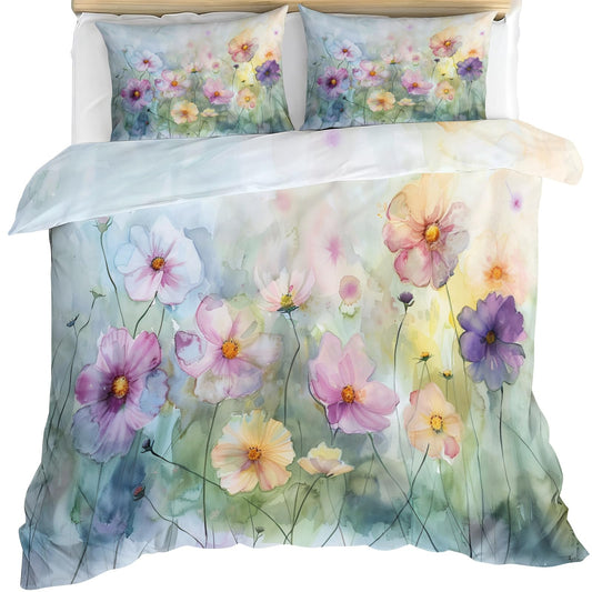 QINYUN Floral Comforter Set Oversized King, Watercolor Flower Bedding Set 3 Piece, Country Wildflowers Comforter Cover with Zipper & Ties, 2 Pillowcases
