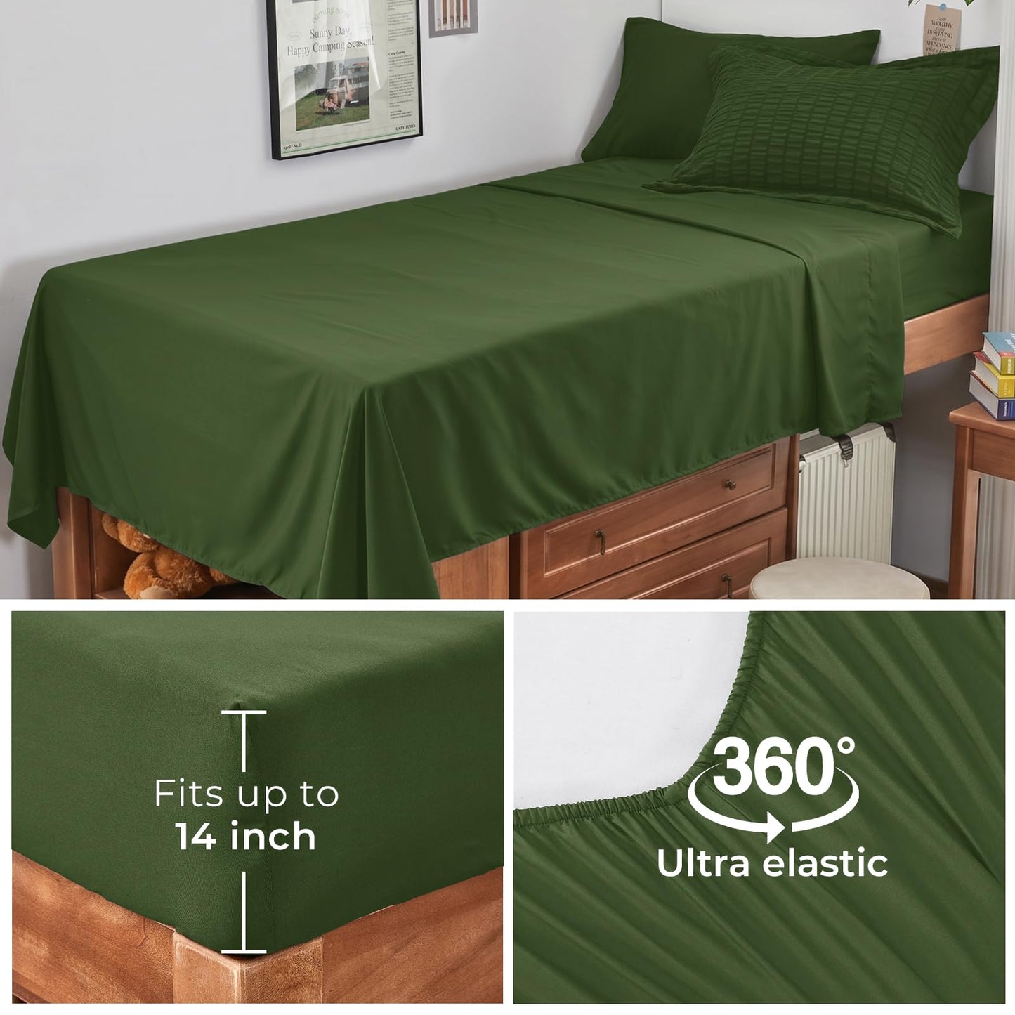 HYMOKEGE Olive Green Twin Comforter Set Seersucker 5 Pieces, All Season Luxury Bed in a Bag for Bedroom, Bedding Set with Comforter, Sheets, Pillowcase & Sham