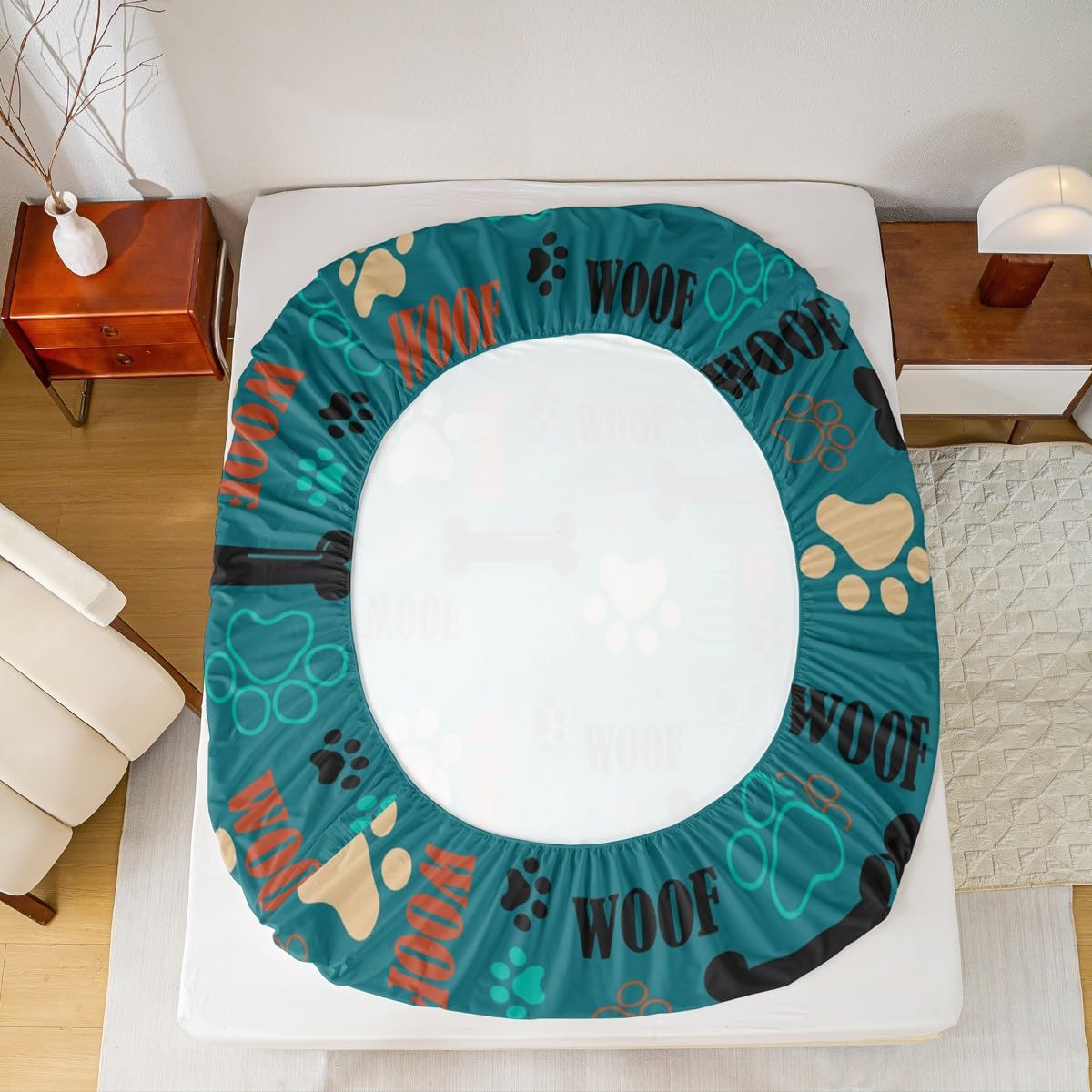 Cute Dog Paw Print Bed Sheet Set Twin Size,Puppy Dog Pets Lovers Style Fitted Sheet + 1 Flat + 1 Pillow Sham,Bone Cartoon Animal Green Bed Mattress Cover for Kids Boys Gift,Ultra Soft