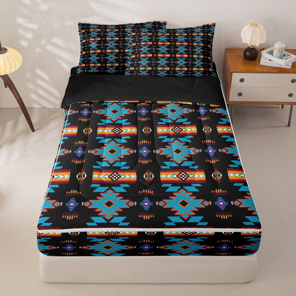 Erosebridal Western Aztec Zipper Bedding Queen Vintage Geometric Zip Up Bedding Set for Boys and Kids, Boho Western Bed in a Bag Native American Rustic Farmhouse Comforter Set with Sheets Black Blue