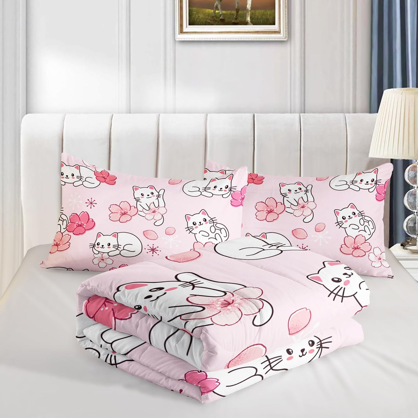 QOOMO 3Pcs Sakura Cats Comforter Set Twin,Floral Bedding Set for Teens Boys Girls,Cherry Blossom Printed Comforter with 2 Pillowcases,Down Alternative,Soft and Lightweight