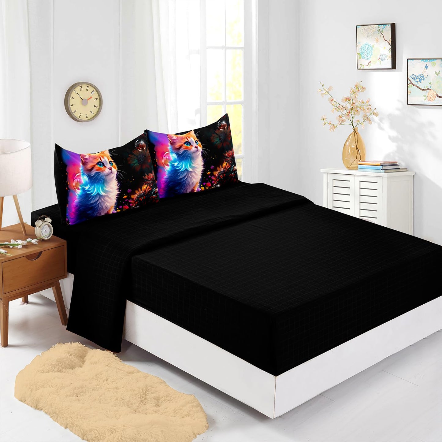 XYNHML Cartoon Kawaii Cat Comforter 7Pcs 3D Animal Flower Toddler Bedding Set Cat Lovers Animal Bubble Quilt Bed Set for Kid Girl Boy Teen Adult Full with 2 Sheets,2 Pillowcases,2 Throw Pillow Covers