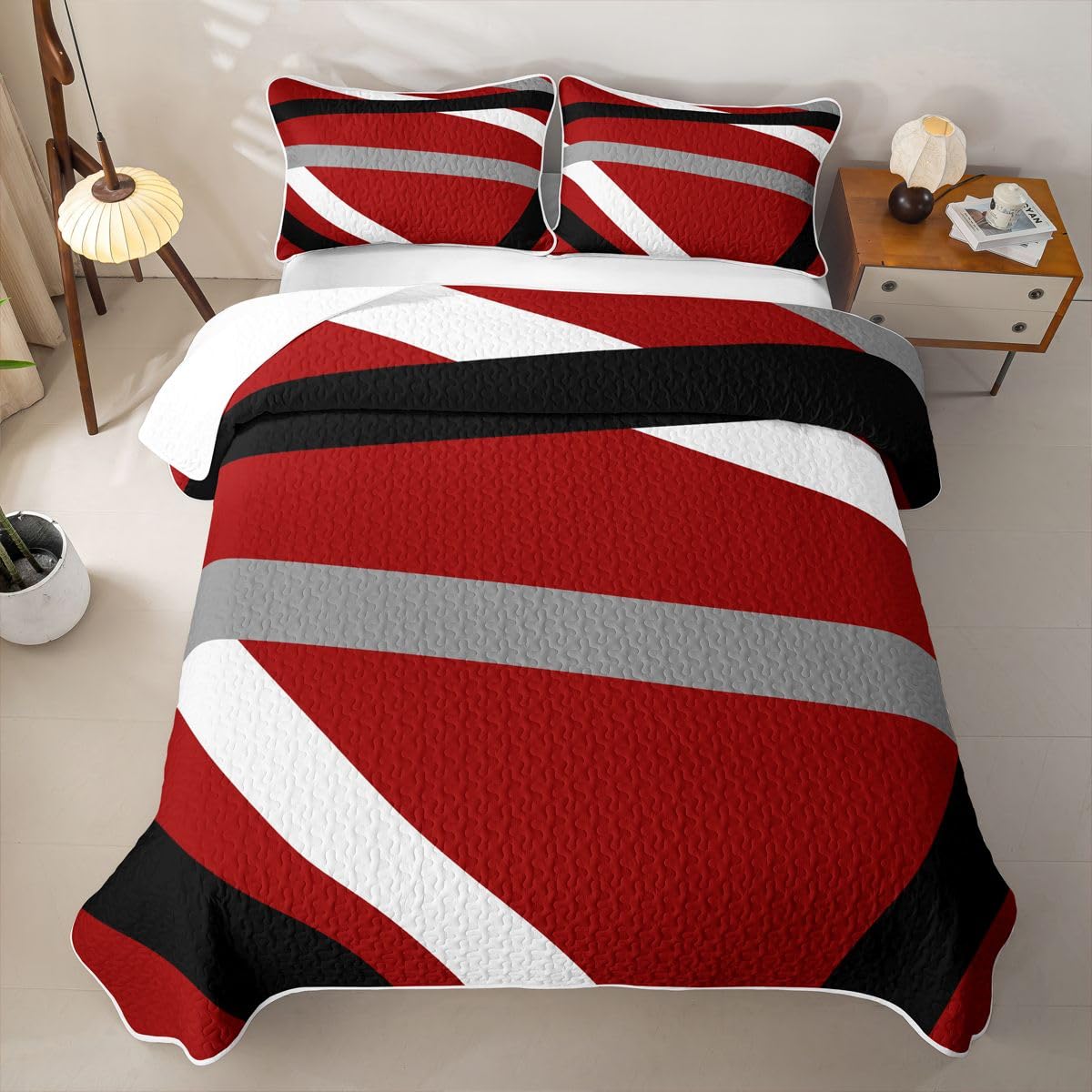 Erosebridal Red Gray Black Striped Quilt Twin Modern Abstract Quilt Set Geometric Lines Quilted Bedspread Aesthetic Boho Coverlet with 1 Pillowcase