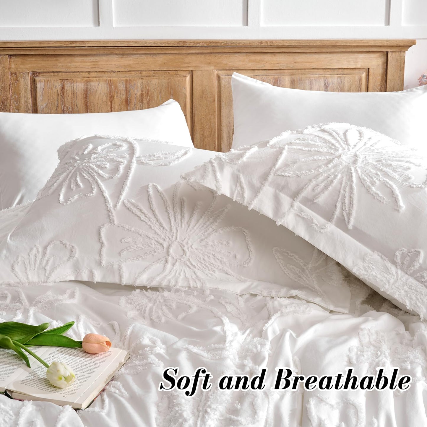 Jameswish 7 Pieces Flower Comforter Set for All Seasons White Floral Tufted Boho Bedding Set Queen Size Farmhouse Bed in A Bag as Gifts with Comforter Sheets Pillowcases Shams