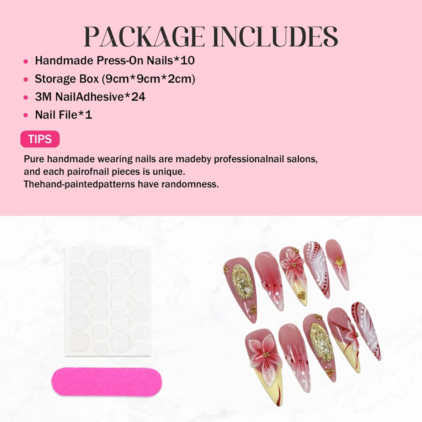 Long Press on Nails Handmade Almond Fake Nails French Tip False Nails 3D Flower Art Designs Acrylic Nails Press Ons Sparkly Reusable Glue on Nail for Women 10Pcs Nail Decorations (Size M)