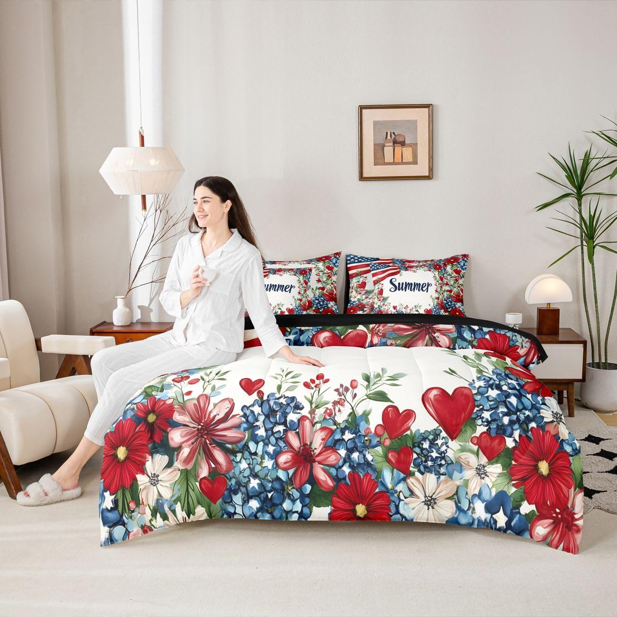 Erosebridal American Flag Queen Bedding Set Patriotic Floral Comforter Set with Flat and Fitted Sheet Kids Adults Summer Flower & Heart 7-Piece Bed in a Bag Fourth of July Art Quilt Sets