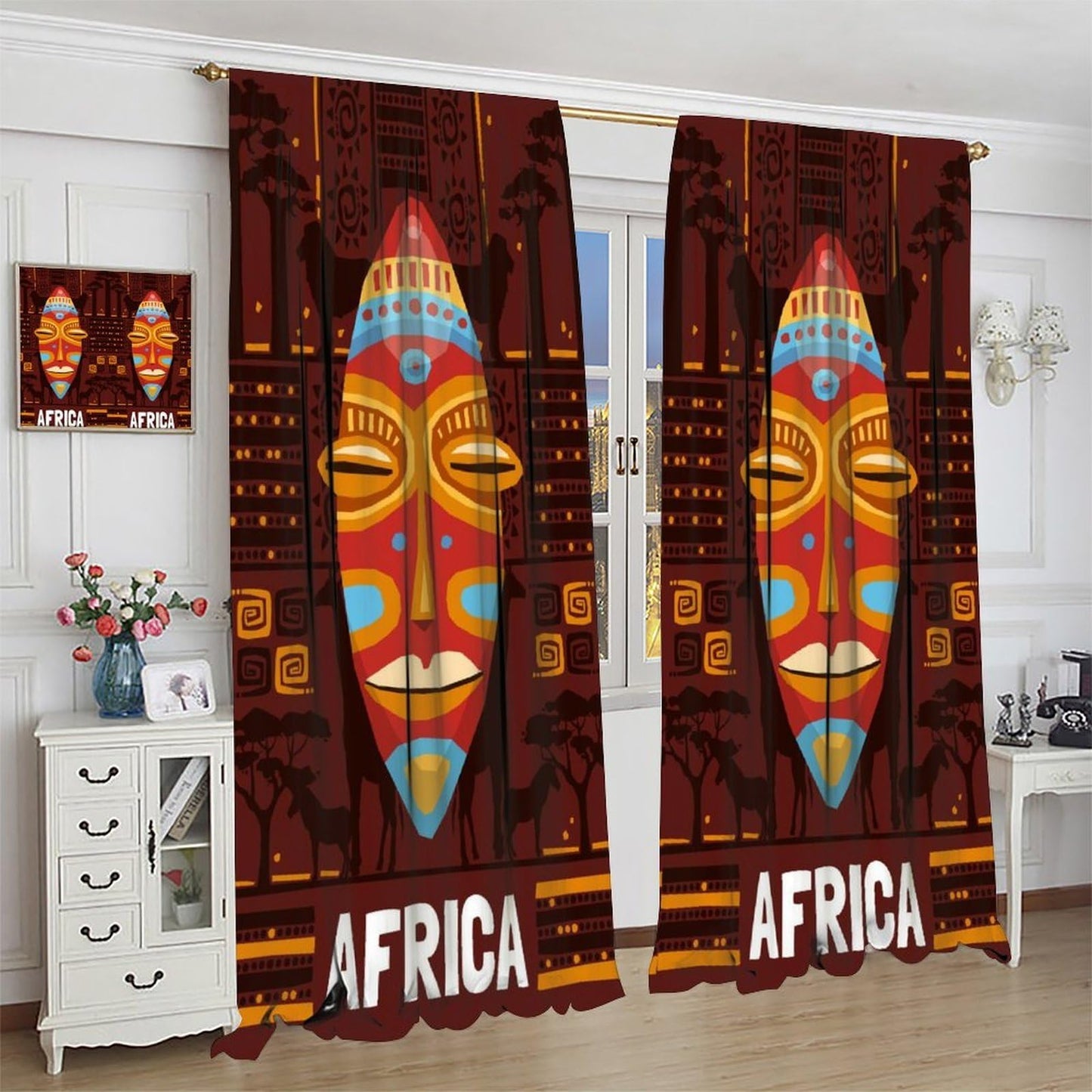 African Curtains for Kitchen Boho Retro Rural Tropical African Continent Primitive People Indigenous Cultural Totem Print Windows Treatments for Boys Girls Bedroom Living Room 42x44.5In（No Blackout）