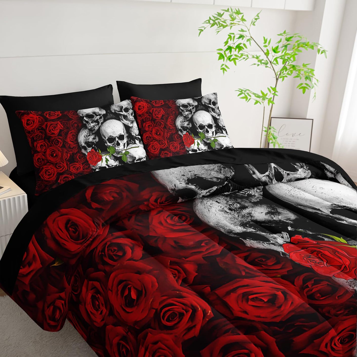 Tuzaovy Black Skull Comforter Set 7 Piece Queen Size Bed in A Bag,Goth Bedding for Room Decor,Soft Western Comforter Boho Hippie Bedding with Fitted Sheet,Flat Sheet, Pillowcases & Shams
