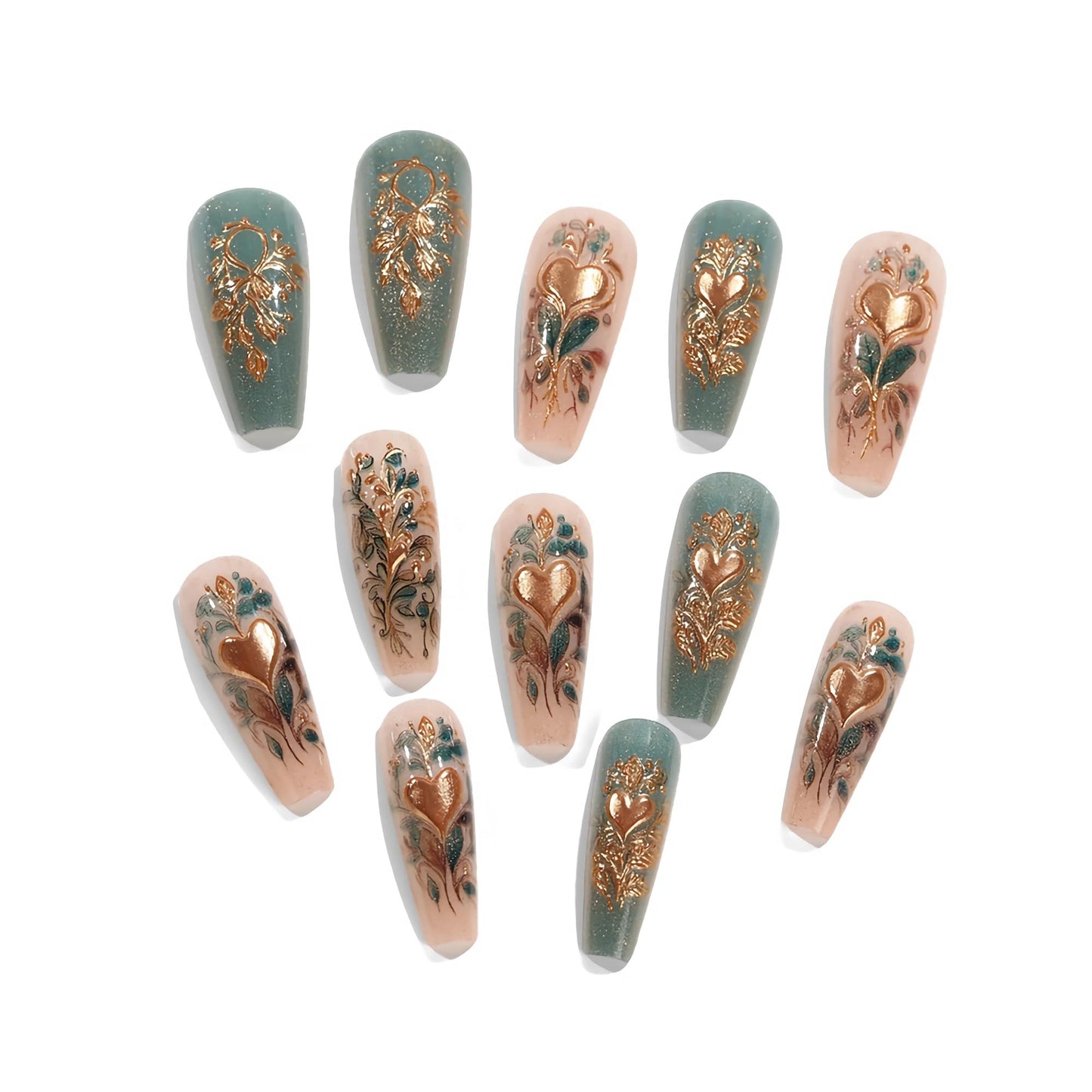 MERVF Coffin Press on Nails Long, Green Gold Fake Nails 3D Heart Leaf Glue ons Glitter Luxury Design Acrylic Nail Glossy 24pcs