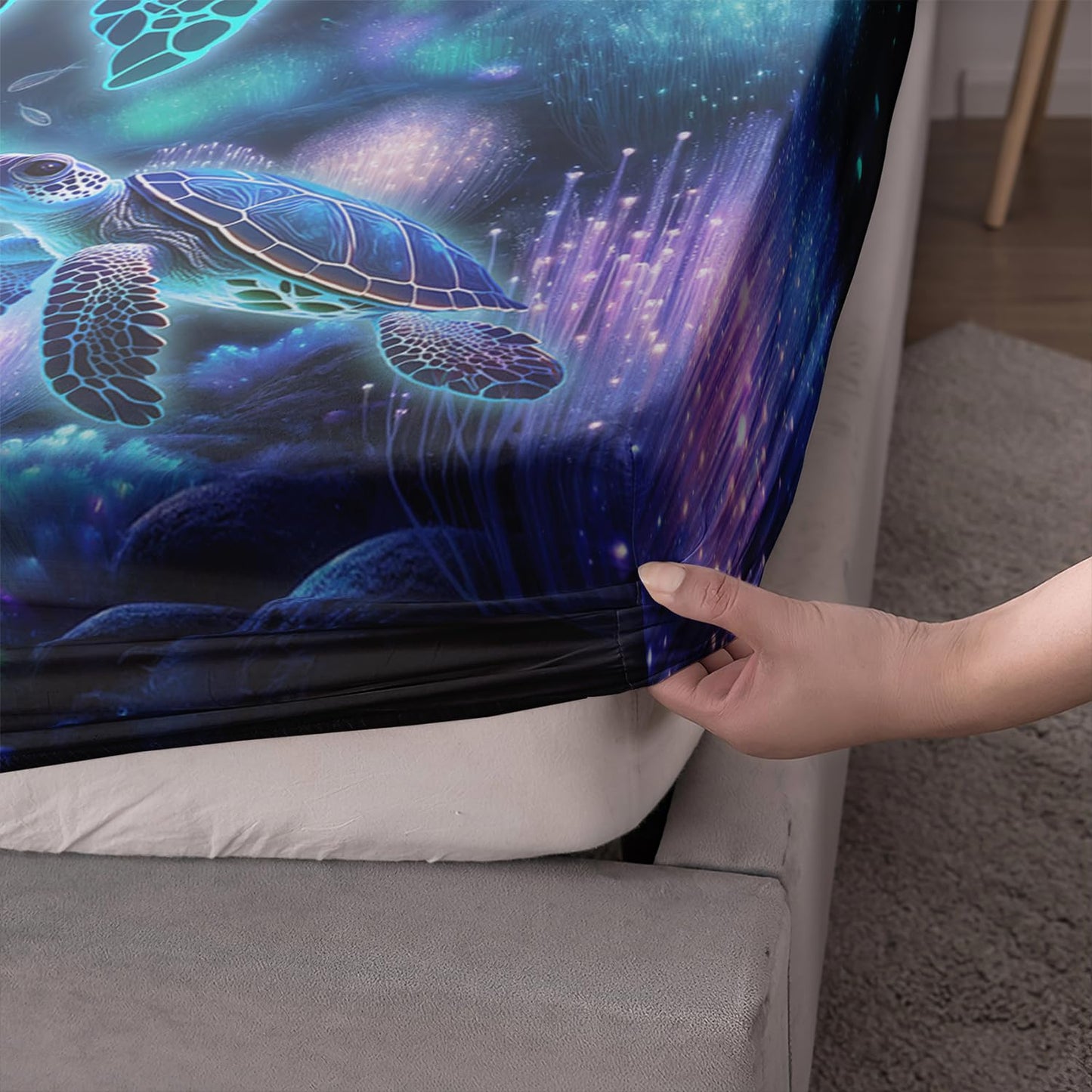 UEVBF Sea Turtle Fitted Sheet Kids Bedding Twin Size,Glowing Waterweed Moon Flash Fitted Sheet for Kids Boys Girls Room Decor,Coastal Reptile Animal Bedding Set,1 Fitted Sheet+2 Pillowcases.