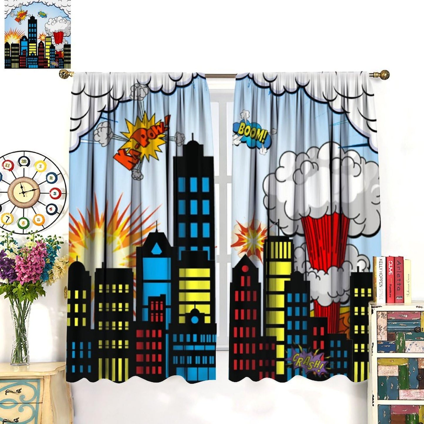 Hero Curtains for Kids Buildings Cityscape Cartoon City Comic Art Window Treatments for Boys Girls Bedroom Nursery Décor Drapes 2 Panel Sets Total Size 42" x 45"