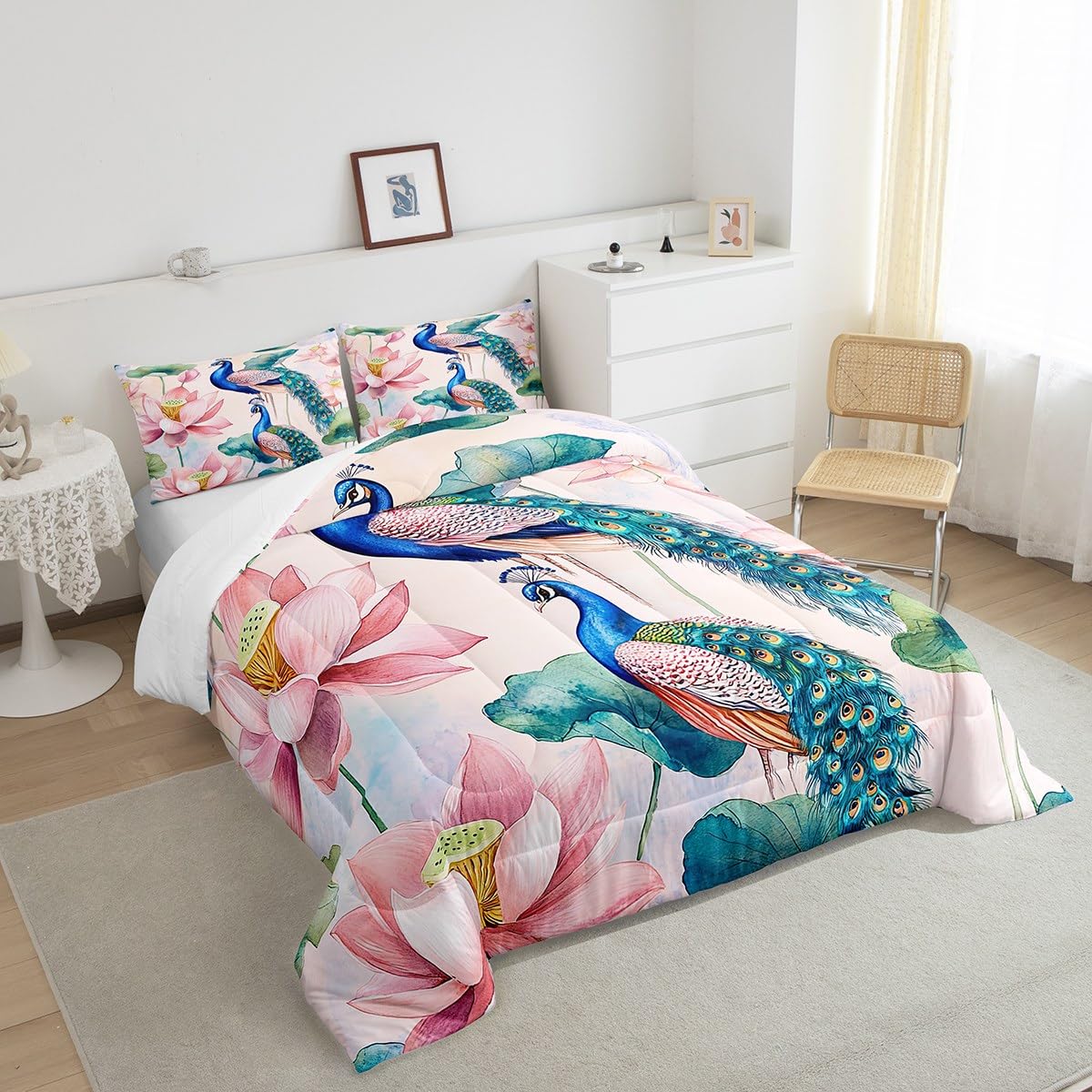jejeloiu Peacock Bedding Set Full Size Kids Lotus Flower Comforter for Boys Girls Royal Peacock Bird Comforter Set Green Duvet Set Room Decorations Quilt Set