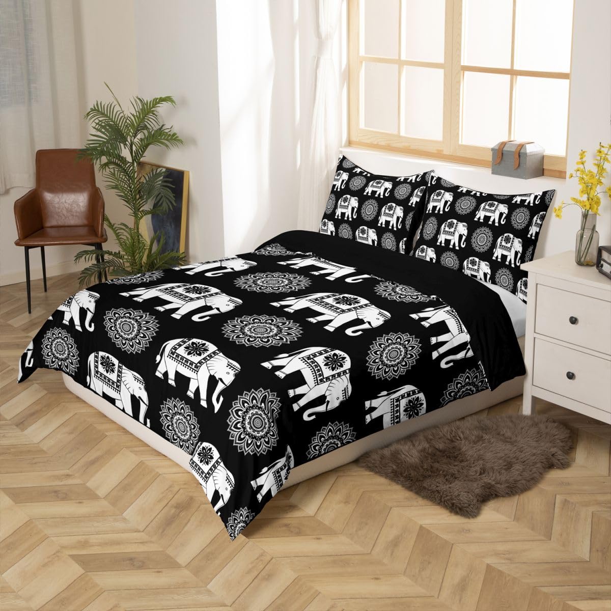 Erosebridal Elephant Bedding Set Twin Bohemian Floral Duvet Cover for Kids Teens Contemporary Aesthetic Comforter Cover Bohemian Cute Animal Bed Set