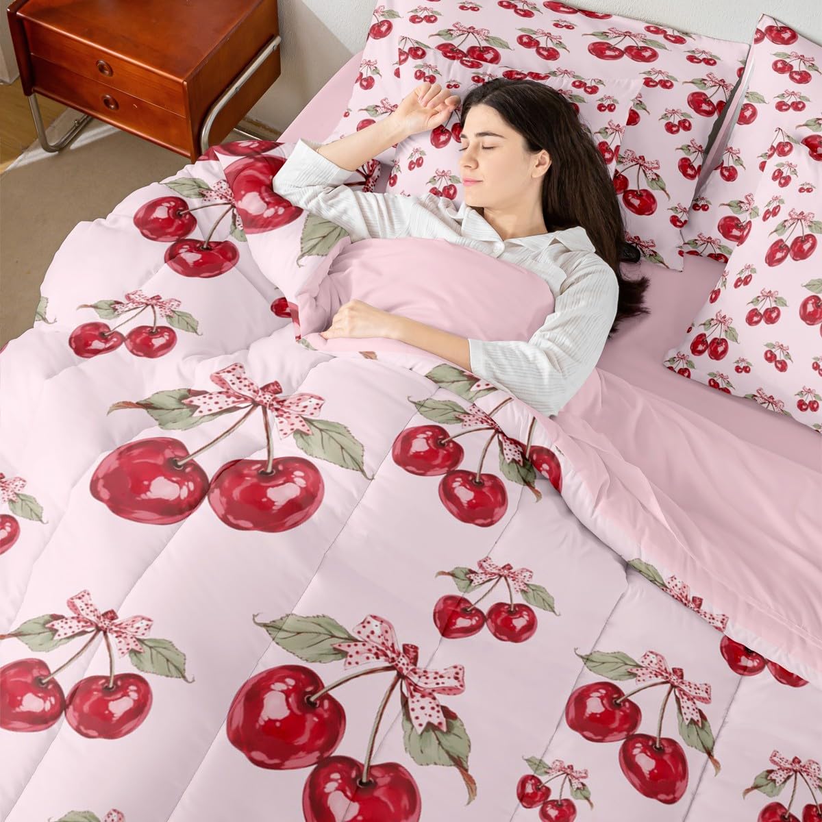Feelyou Red Cherry Comforter Set with Sheets 7 Piece Twin Size Pink Bowknot Bed in a Bag Kids Boys Girls Cartoon Cherry Bedding Set Cute Bow Bedroom Decor Breathable Soft Lightweight Microfiber