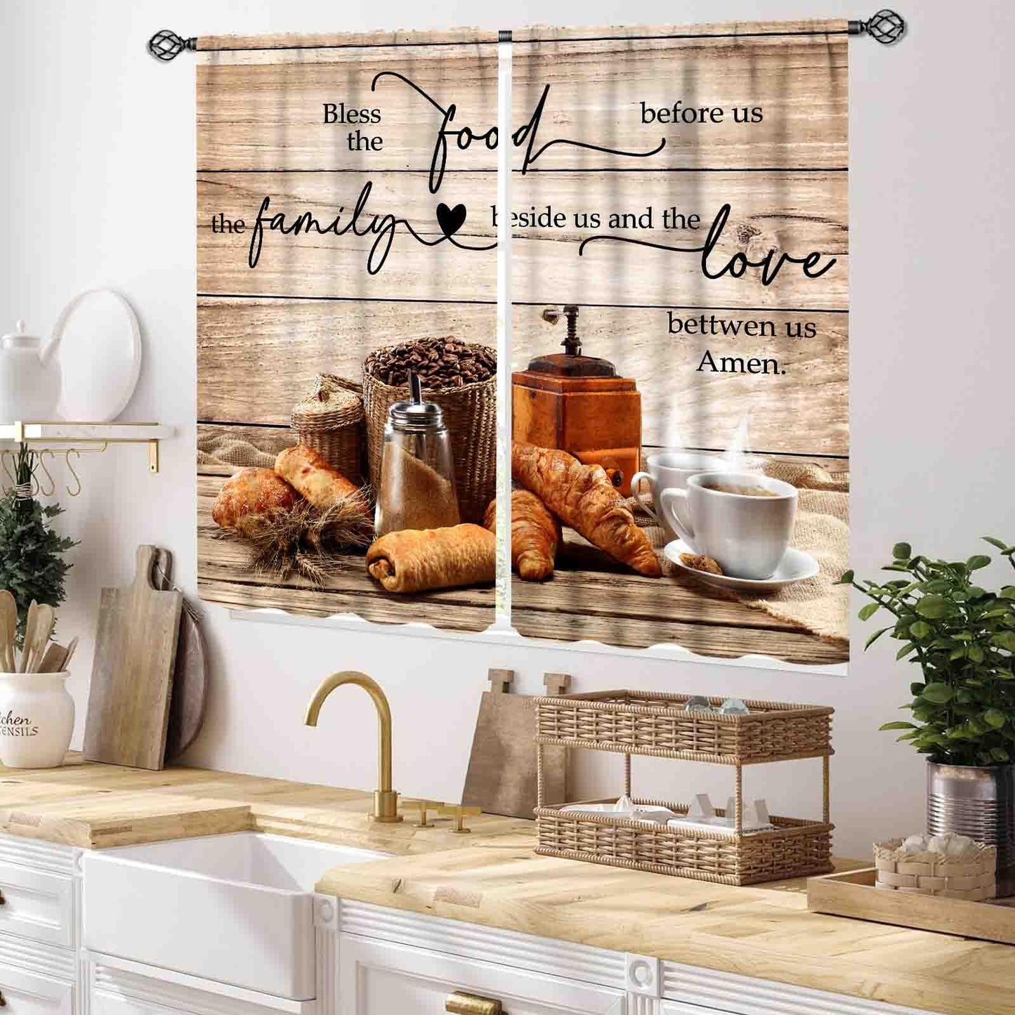 TKUYO Rustic Kitchen Curtains, Farmhouse Retro Coffee Time Latte Cafe Bread Wooden Plank Cottage Country Window Drapery Treatments for Dining Room Bedroom Living Room 2 Panels, 55x39 Inch