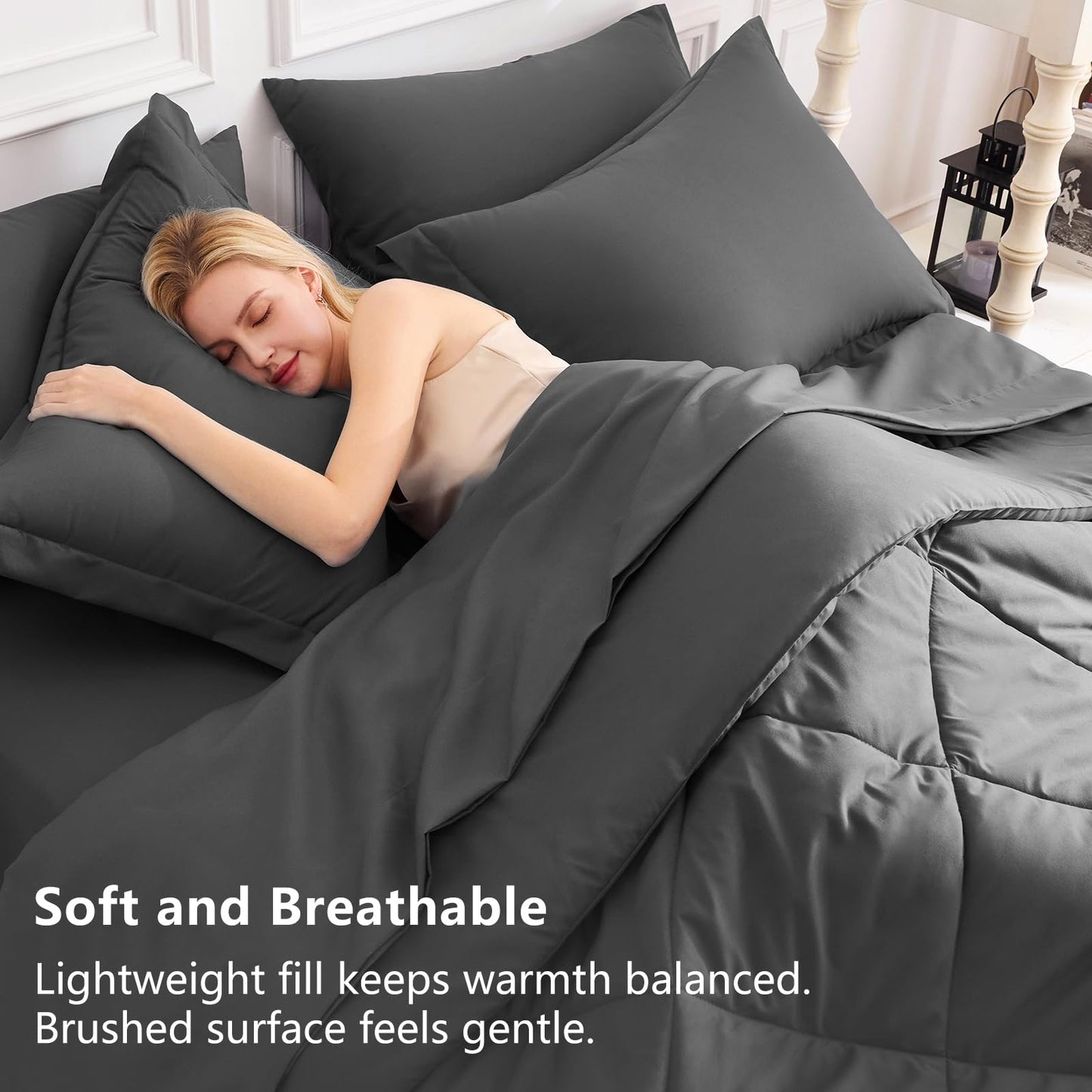CozyLux Queen Comforter Set Dark Grey - Bed in a Bag Queen Size 7 Pieces, Luxury Soft Bed Set for All Seasons, Bedding Set with Comforter, Sheets, Pillowcases & Shams, Dark Gray, Queen