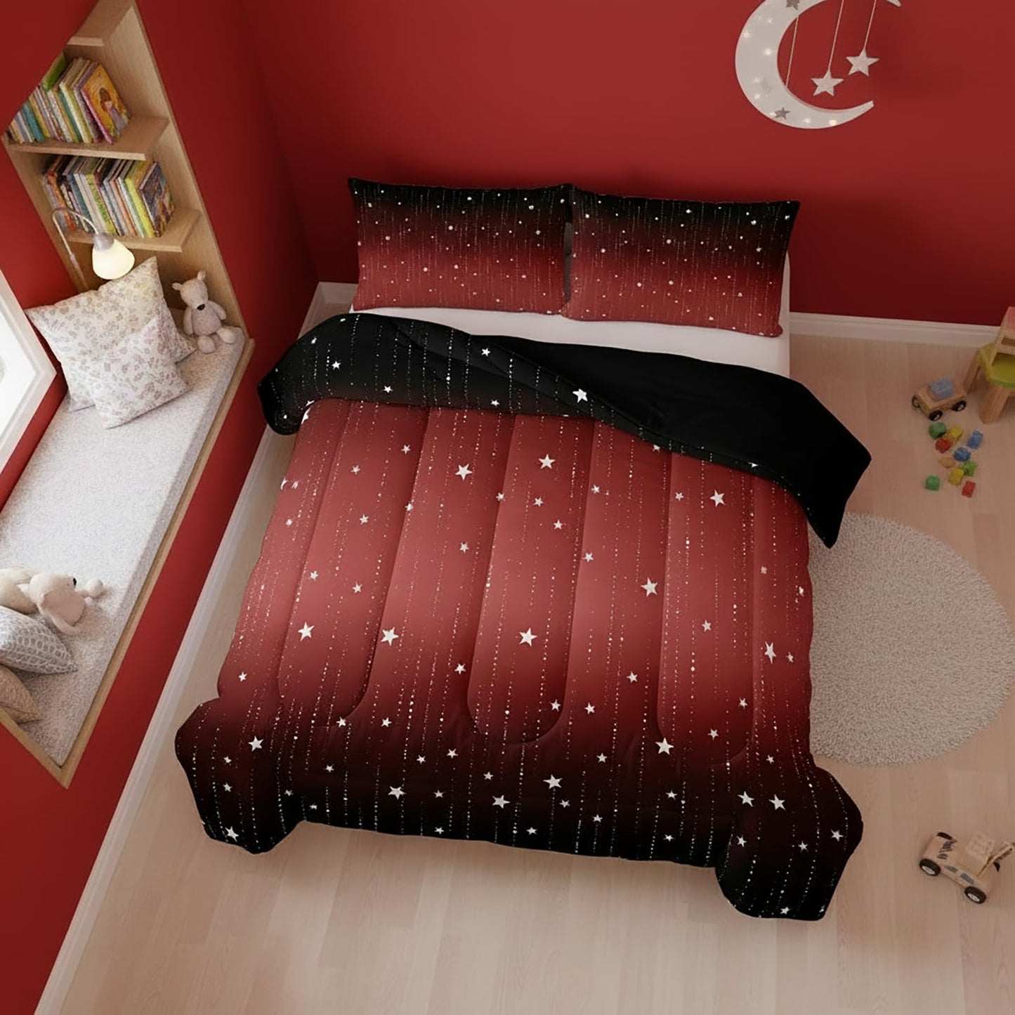 QOOMO 3Pcs Glitter Star Comforter Set Twin,Galaxy Bedding Set for Teens Boys Girls,Red and Black Printed Comforter with 2 Pillowcases,Down Alternative,Soft and Lightweight