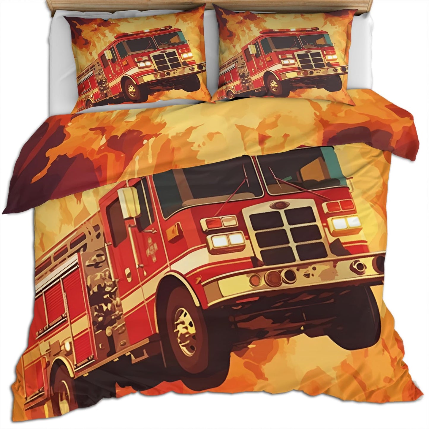 QINYUN Fire Truck Car Duvet Cover King Size, Flame Fire Engine Bedding Set 3 Piece Bedroom Decor Red Truck Patterned Comforter Cover with Zipper Ties & 2 Pillowcases