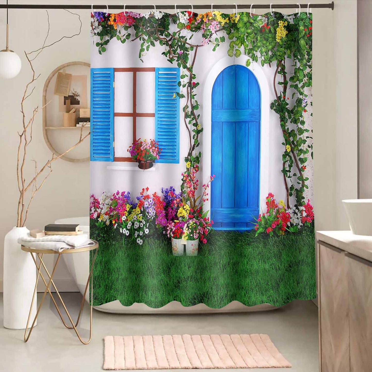 NTETSN Retro Floral Landscape Bath Curtain - Vintage Blue, 72x72 Inch Polyester Fabric with 12 Hooks