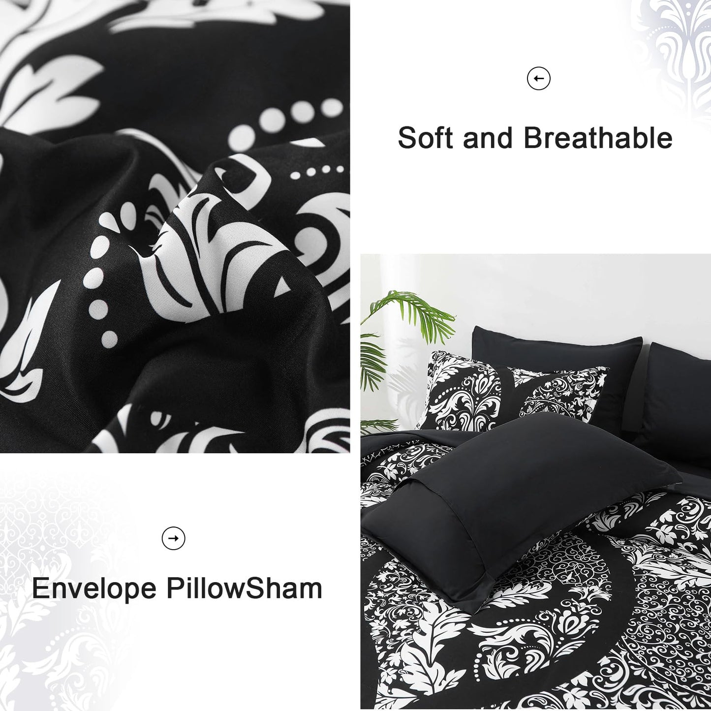 Anibedding Black Comforter Set King Size, 7 Pieces Bohemian Damask Comforter Set Soft Lightweight Microfiber Bedding Set for All Season (104"x90")
