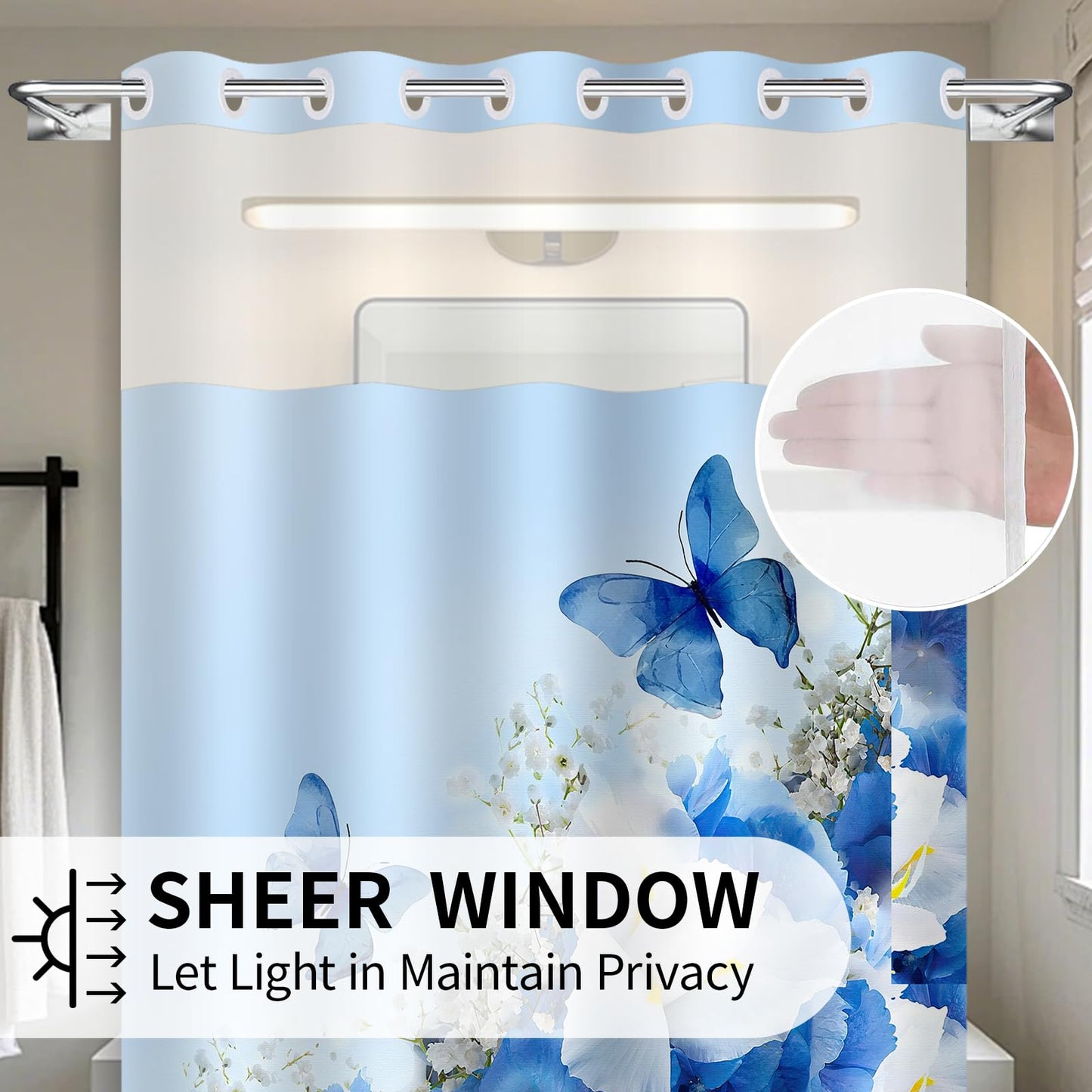 Mowxune No Hook Nature Shower Curtain with Snap in Fabric Liner Set,Bule Flowers and Butterfly Shower Curtains for Bathroom Clearance,Double Layers Waterproof,71x74 in