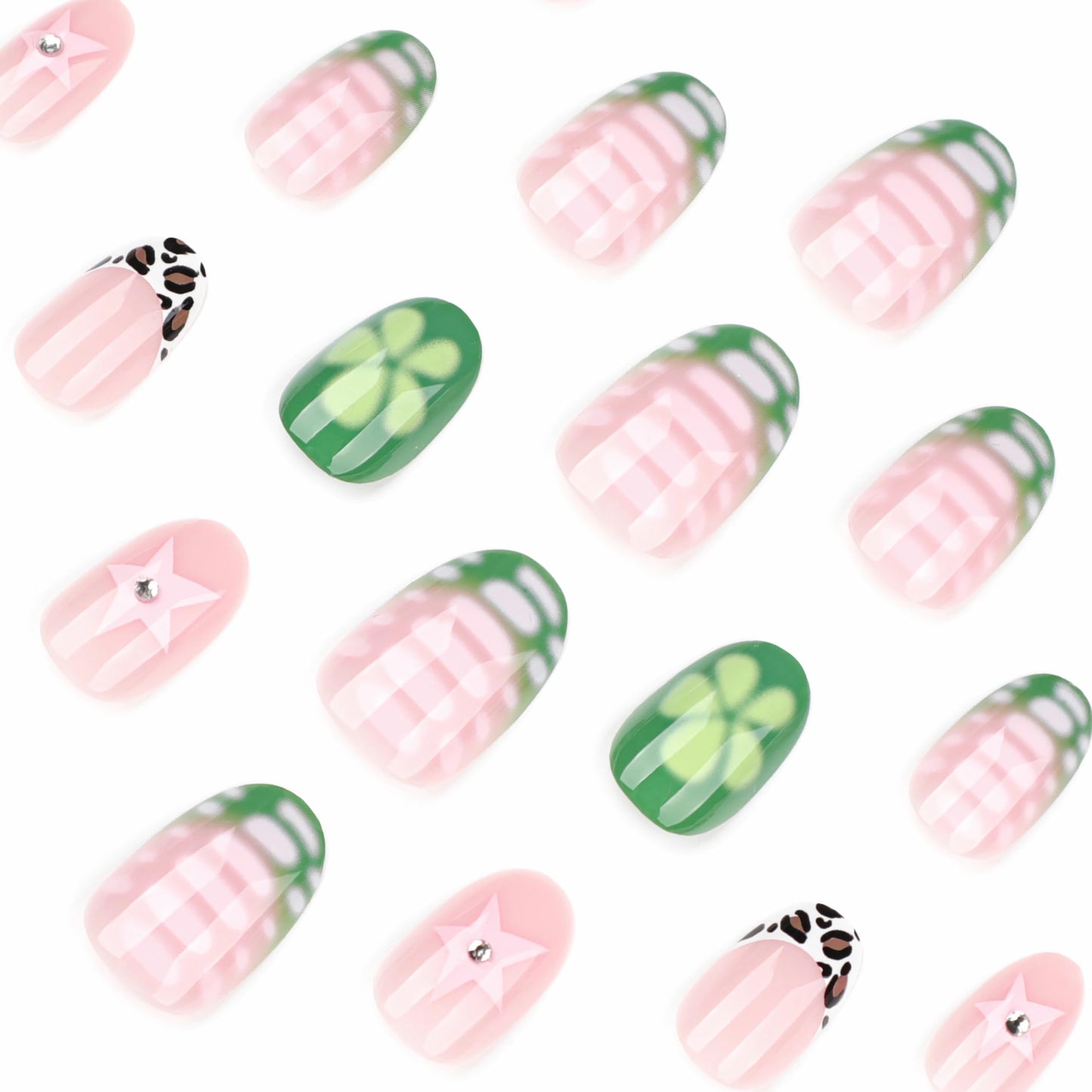 BABALAL Press on False Nails Short Oval Fake Nails Green French Tip Glue on Acrylic nails Flower Star Y2k Cow Print with Design 24Pcs Round Full Cover Stick on for Women Girls