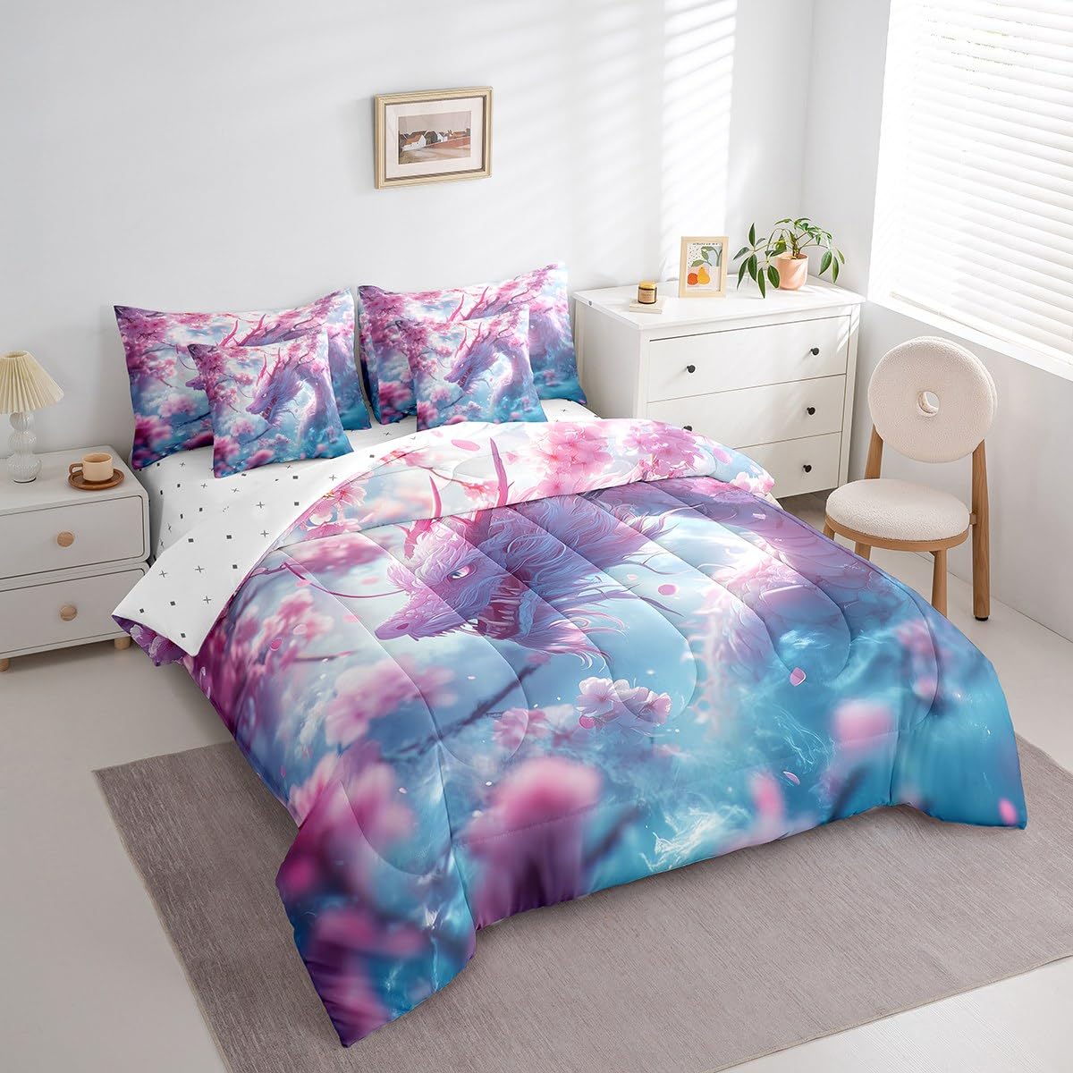 Erosebridal Dreamy Dragon Bed in A Bag Cherry Blossom Twin Comforter Set 7 Piece for Kids Boys Girls,Magical Animal Dragon Bedding Set Pink Cherry Blossom Aesthetic Animal Bed Set