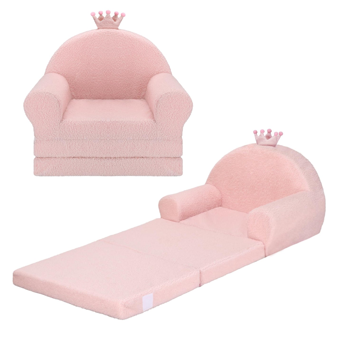MONKISS Princess Toddler Chairs Comfy, 2-in-1 Fold Out Kids Sofa Bed, Cozy Toddler Couch, Baby Lounge Chair, Soft Mini Couch for Kids, 1-4 Years Old, SF05, Pink Crown