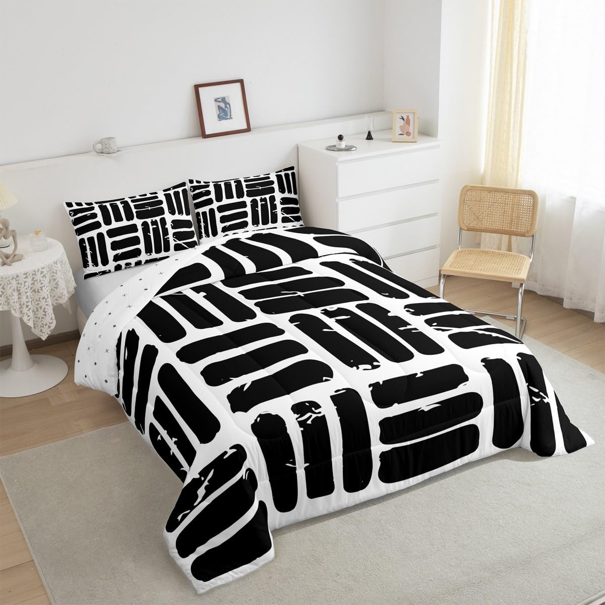 Feelyou Abstract Comforter Set Modern Abstract Art Bedding Set with 2 Pillow Cases White Black Microfiber Kids Full Bedclothes Luxury Bedroom Decor Geometric Duvet Quilt Breathable Soft Lightweight