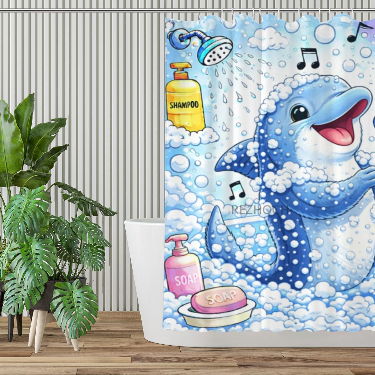 REZHOCH Funny Singing Dolphin Shower Curtain 72x72 Inch,Cute Cartoon Animal Home Bathroom Decor,Humour Colorful Music Bubble Microphone Bath Set Waterproof Fabric with Hooks
