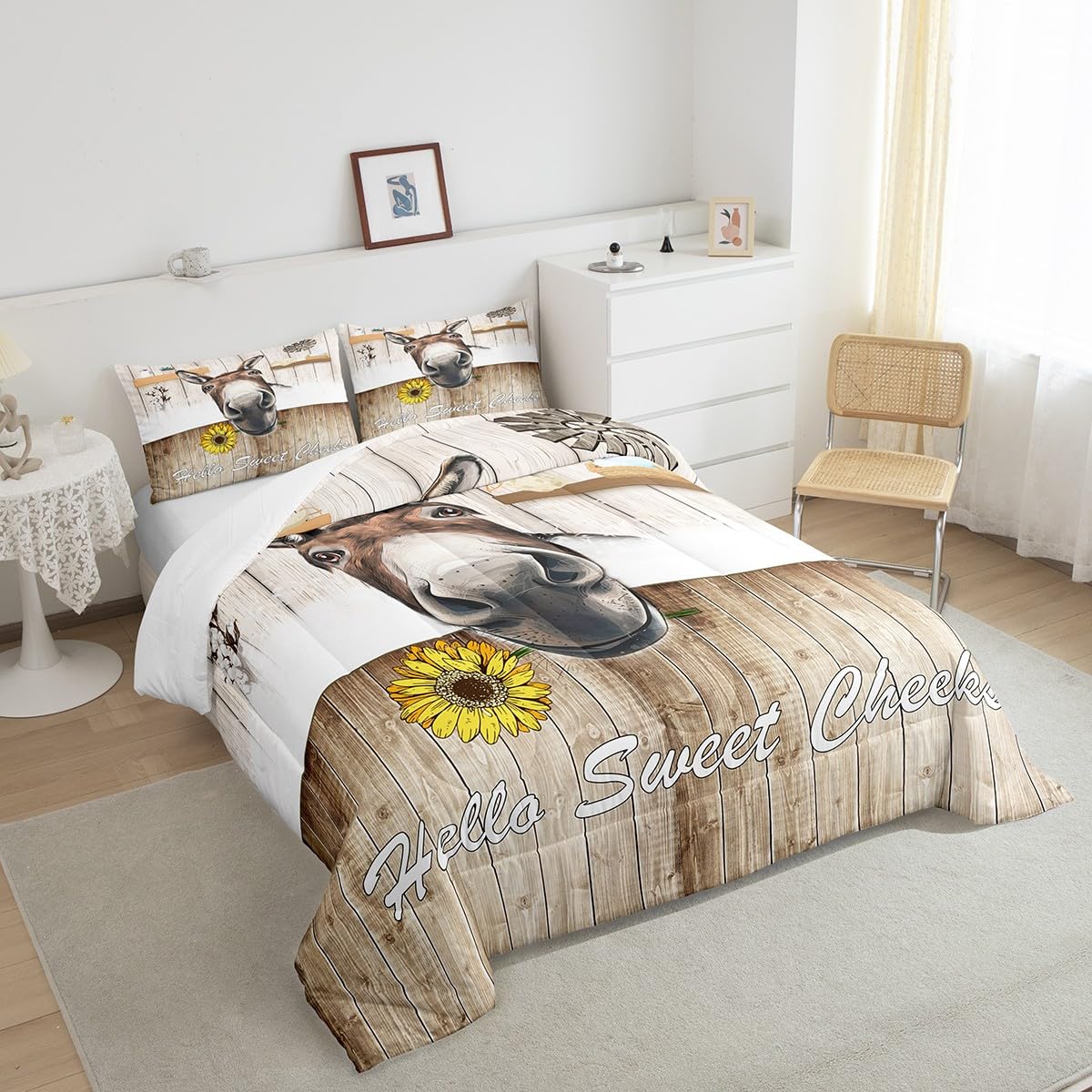 Manfei Cute Donkey Comforter Set Twin Size, Farm Animal Theme Bedding Set 2pcs for Kids Boys Teens Bedroom Decor, Rustic Style Wooden Stripe Print Quilt Set with 1 Pillowcase
