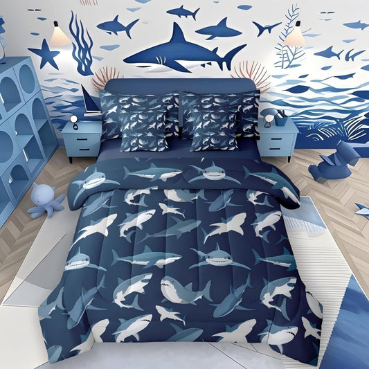 Erosebridal Boys Shark Queen Comforter Set with Sheets Navy Blue Ocean 7 Piece Bedding Set Cartoon Coastal Bed in a Bag, Under Sea Marine Life Sealife Nautical Sea Animal Room Decor