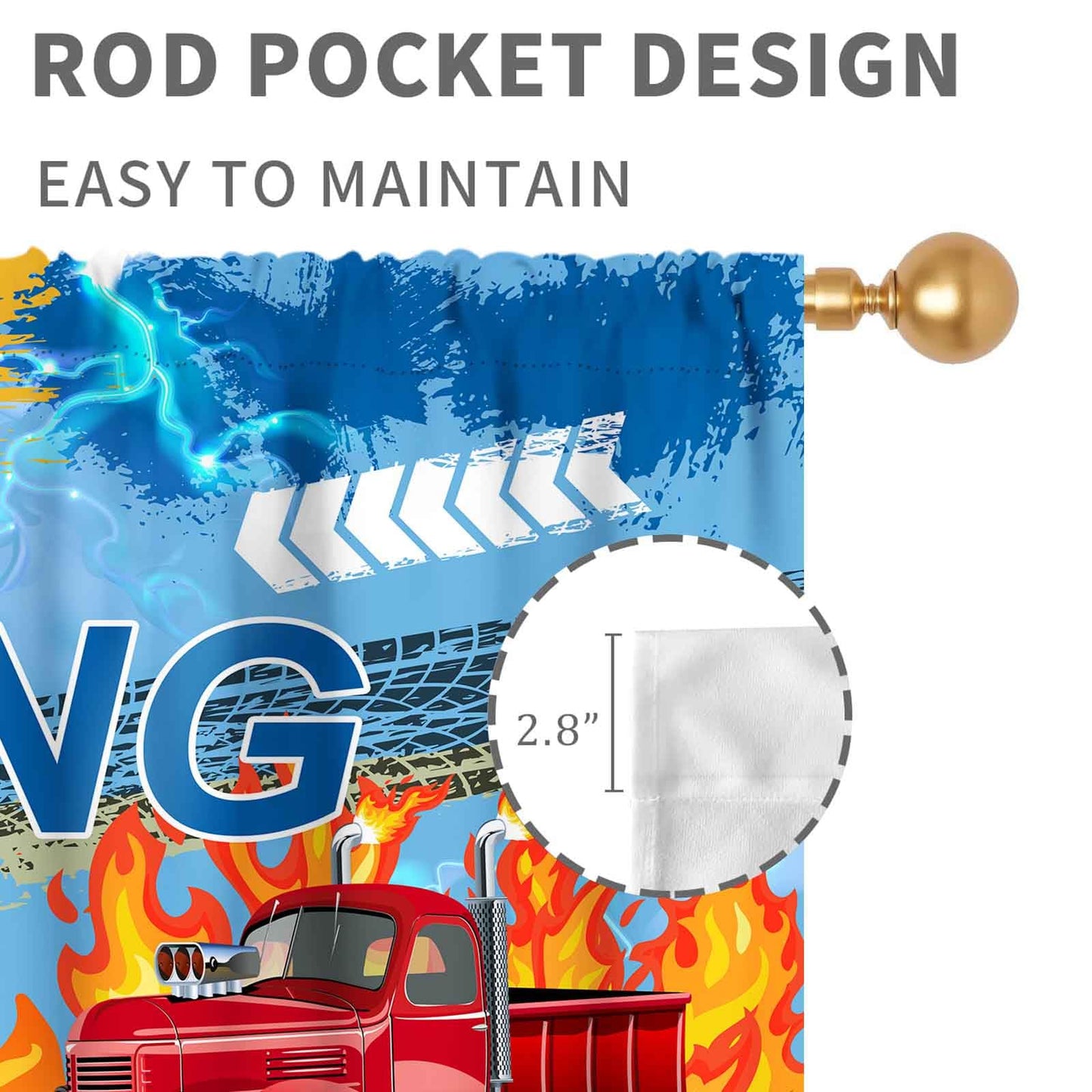 Truck Curtains for Boys Room, Cool Banner Burning Flame Car Cartoon Monster Racing Theme Window Drapery Treatments for Boys Kids Bedroom Living Room Playroom Nursery 2 Panels, 42"x45" Inch