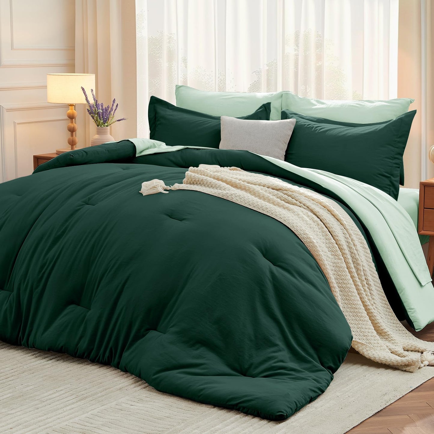 MUXHOMO 7 Pieces King Comforter Set, Soft Bed in a Bag King Size, All Season Bedding Set with Comforter, Flat Sheet, Fitted Sheet, Pillowcases & Shams, Forest Green & Sage Green