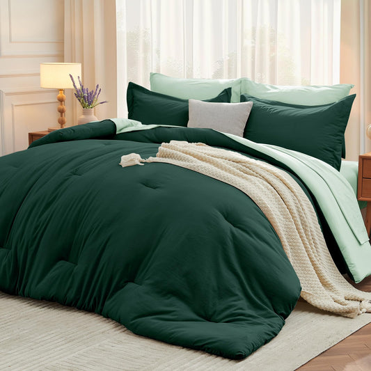 MUXHOMO 7 Pieces King Comforter Set, Soft Bed in a Bag King Size, All Season Bedding Set with Comforter, Flat Sheet, Fitted Sheet, Pillowcases & Shams, Forest Green & Sage Green