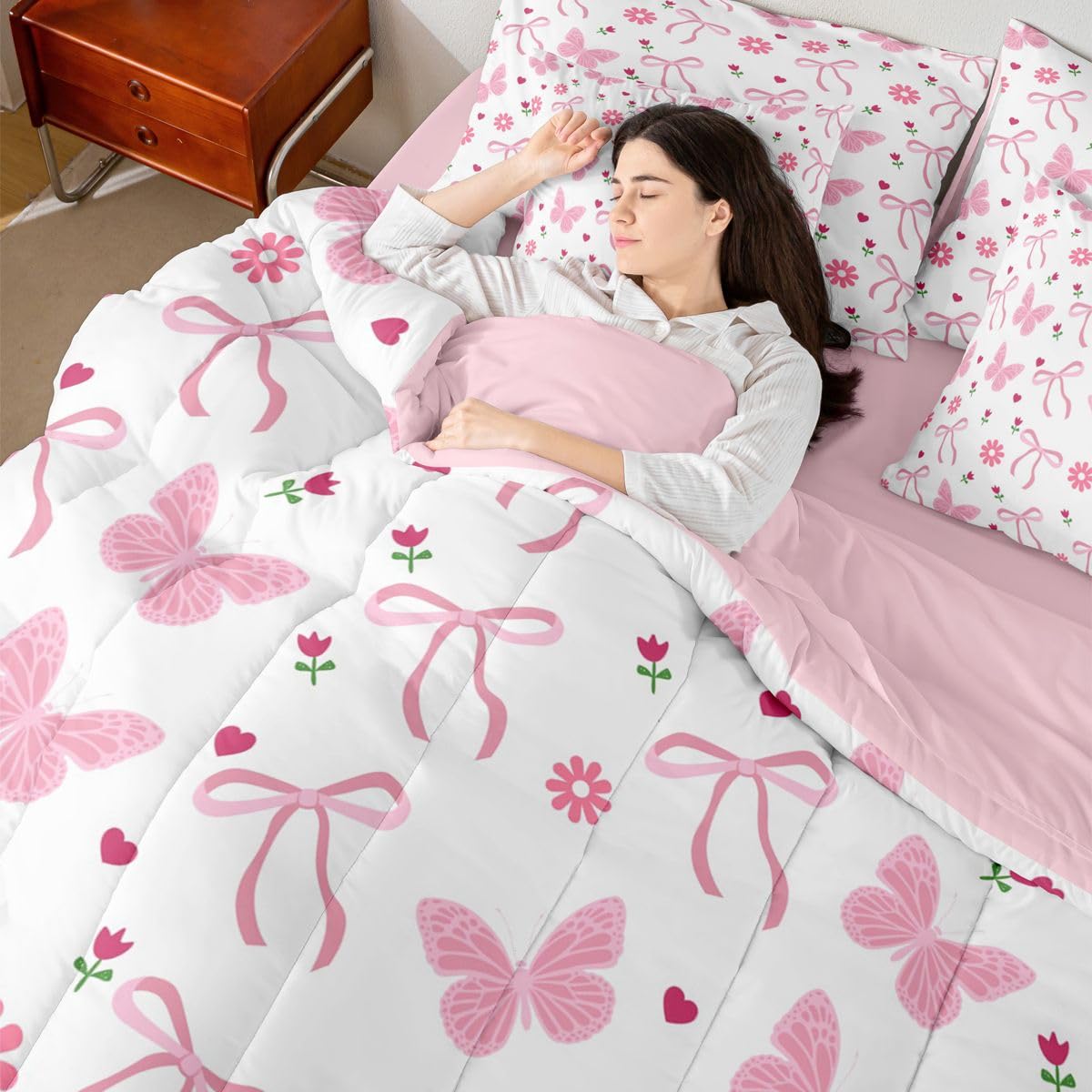 Erosebridal Butterfly Floral Bow Pink Girls Full Comforter Set 7 Pieces | Ribbon Daisy Coquette Bed in A Bag for Bedroom Flowers Kawaii Cute Bedding Set with Comforters Flowers Kawaii Cute Room Decor